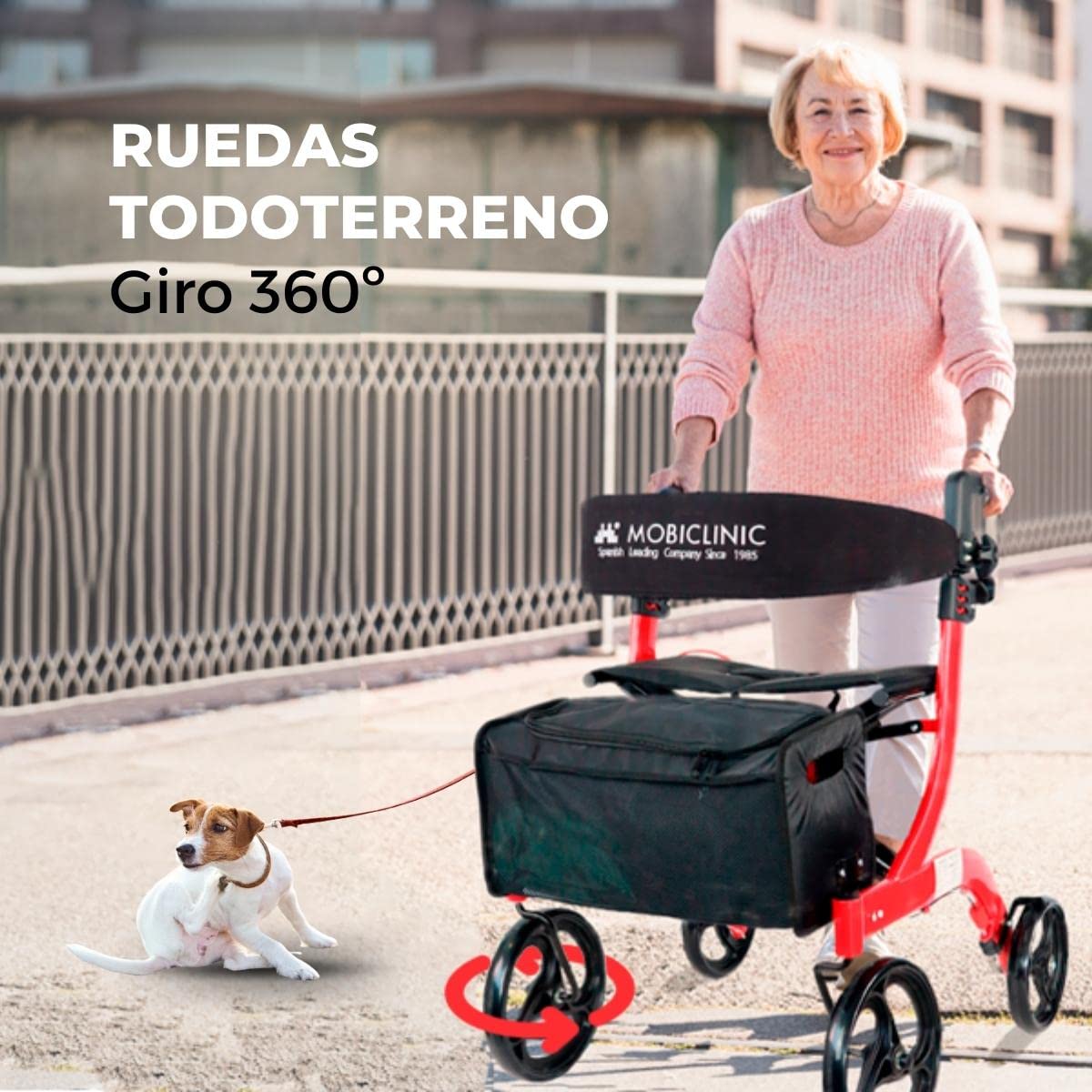 Mobiclinic® pro, Andador para ancianos, Plegado con una sola mano, Ruedas grandes, Doble sistema de frenado, Invicto, Todoterreno, Cesta amplia, Asiento y respaldo acolchados, Altura regulable