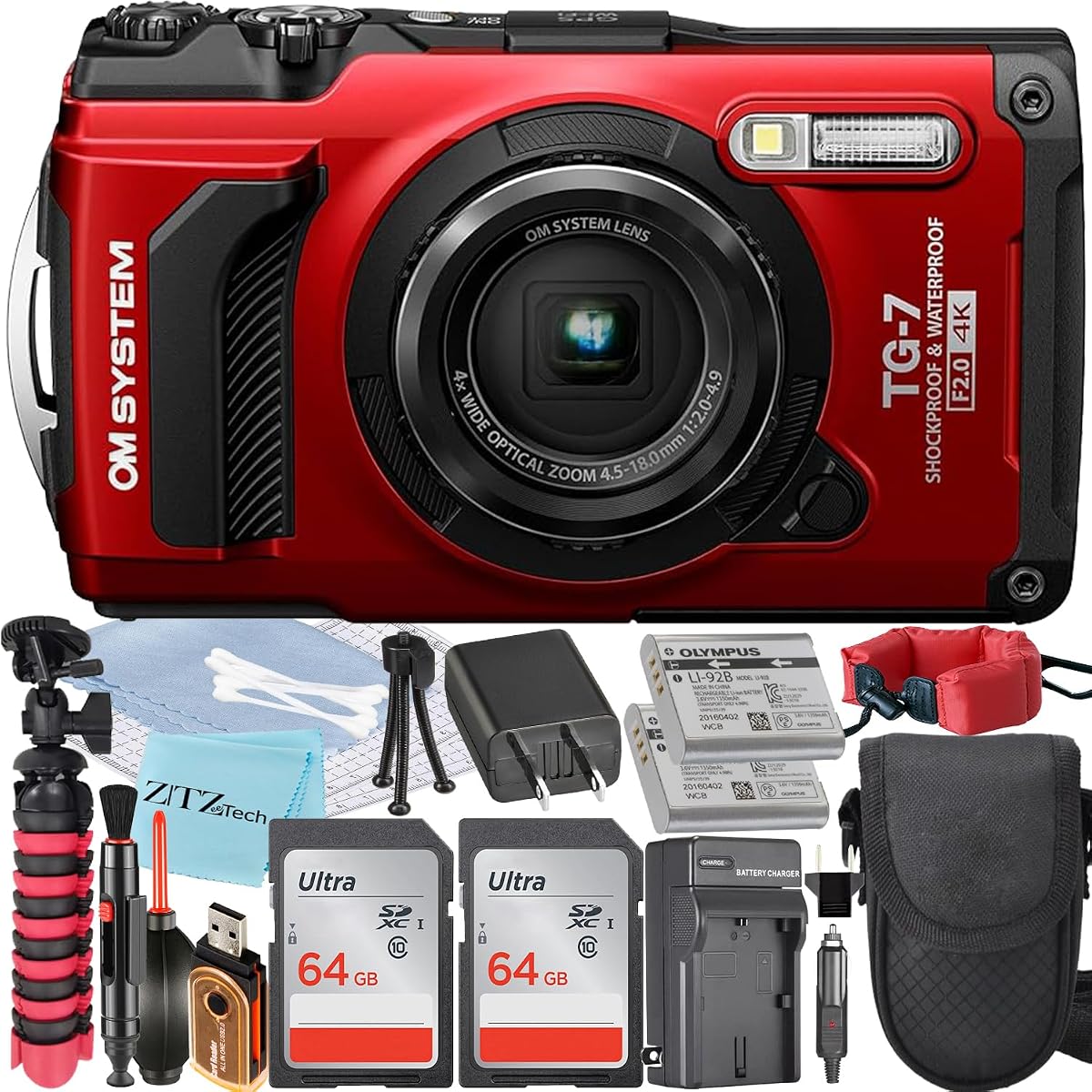 Olympus OM System Tough TG-7 Digital Camera (Red) + 2 Pack 64GB Memory Card + Extra Battery + ZeeTech Accessory Bundle (Professional Kit) (Renewed)