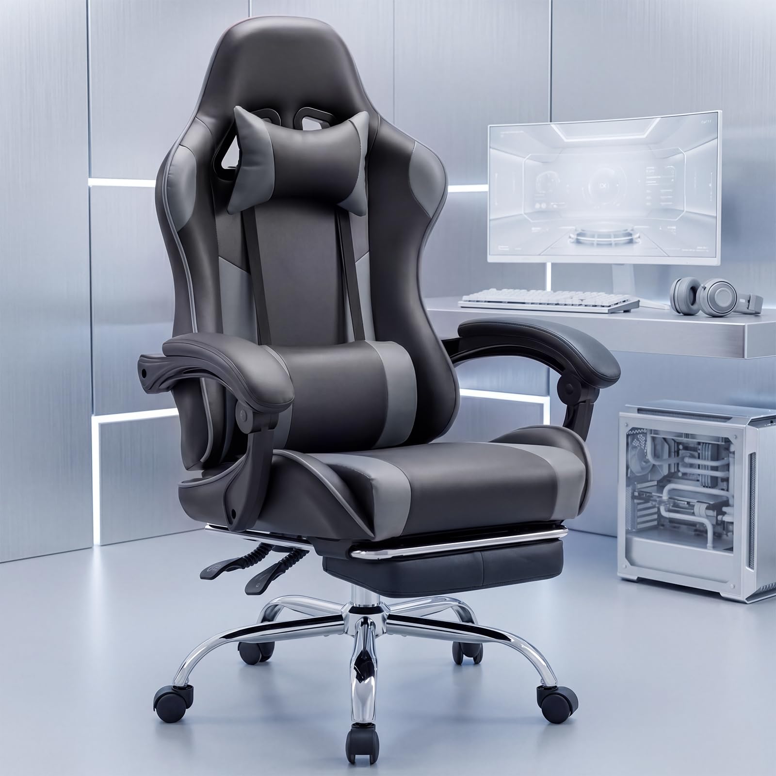 Computer Gaming Chair with Footrest, Ergonomic High Back PU Leather Video Racing Chair with Adjustable Headrest &amp; Linkage Armrest, for Office and Home, Adults, Grey