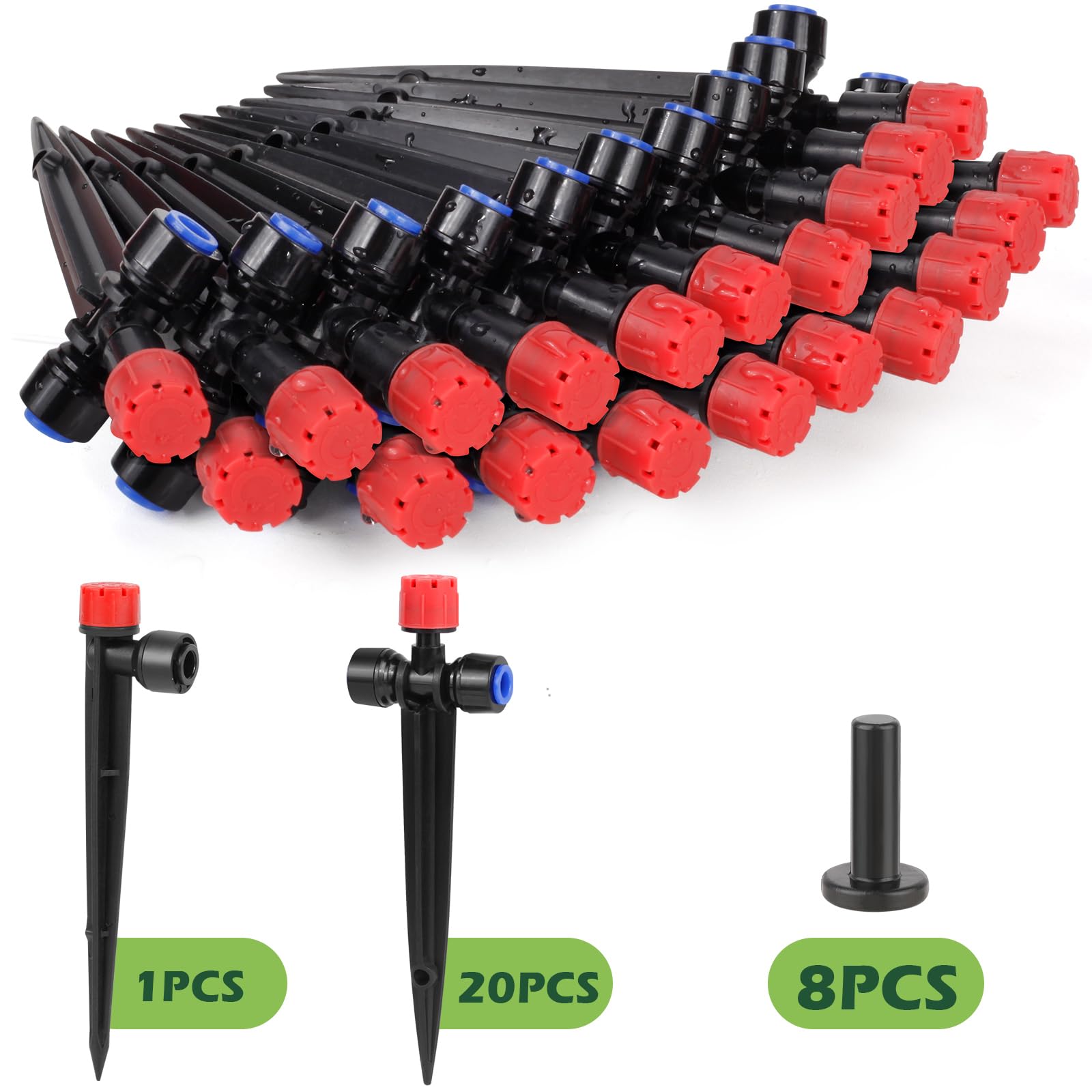 Kit de 21 emisores de riego por goteo ajustables (8 agujeros), conexión rápida para tubos de 1/4 pulgadas, sistema de ajuste dual, goteros fáciles de instalar para un riego preciso del jardín de