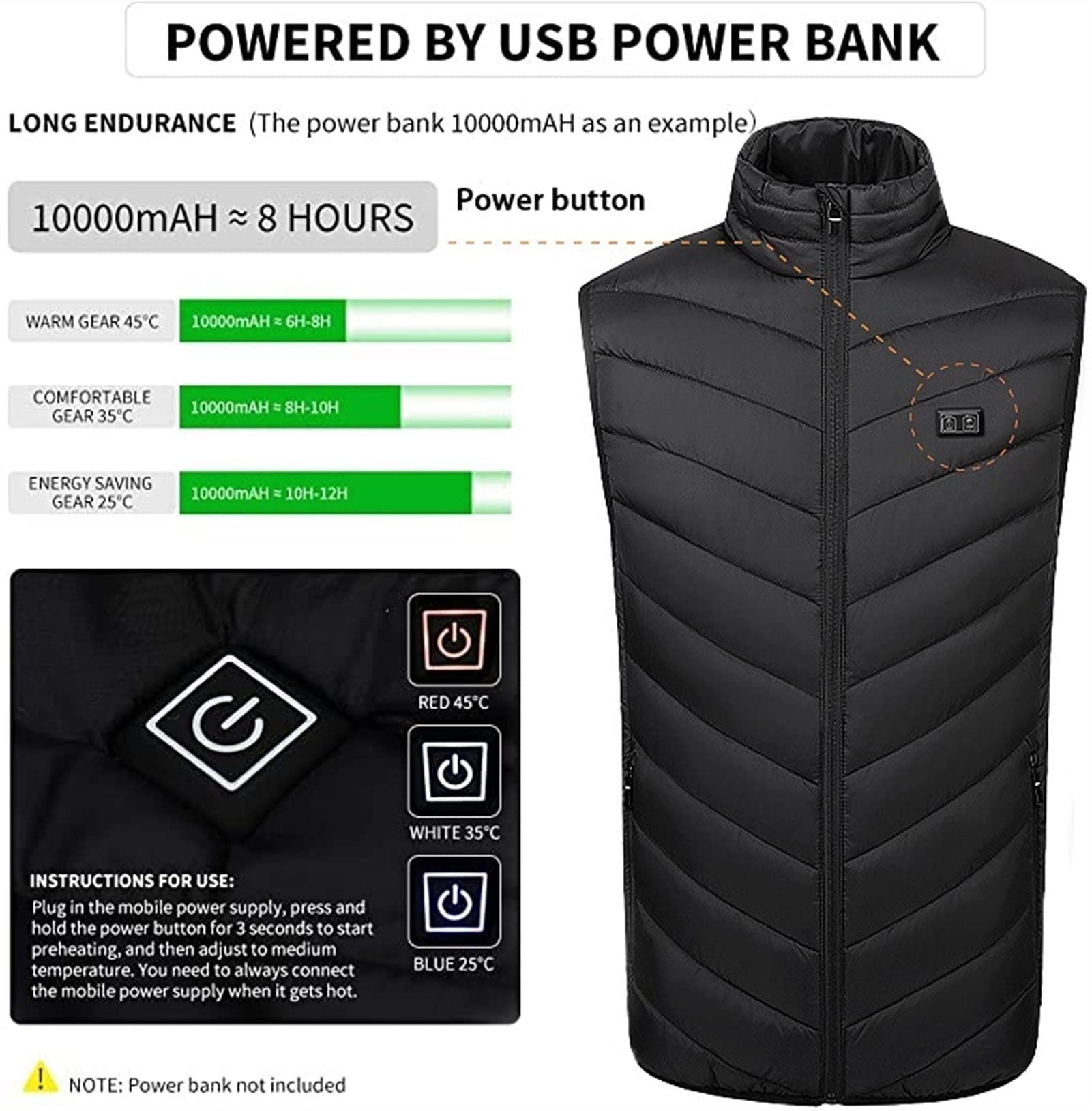 MRAWARM Verwarmbaar vest, verwarmd vest voor heren en dames, 6-verwarmingszones, 3-temperatuurniveaus, licht verwarmd vest voor outdoor wintersport, M