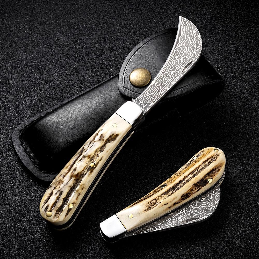 Klappmesser Edc Klein Taschenmesser damast Outdoor aus Natur geweih Neck knife geschmiedet Damaszener Stahl messer Survival Camping Jagdmesser Einhandmesser Scharfe, Damaskus faltmesser, Leder Holster