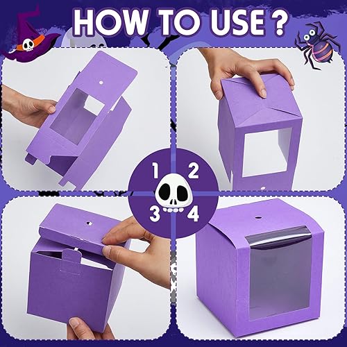 Miniatura 6 de Juego de 50 cajas de papel kraft para Halloween con agujero y cintas de 4 x 4 x 4 pulgadas, cajas de regalo transparentes para ventana, galletas de