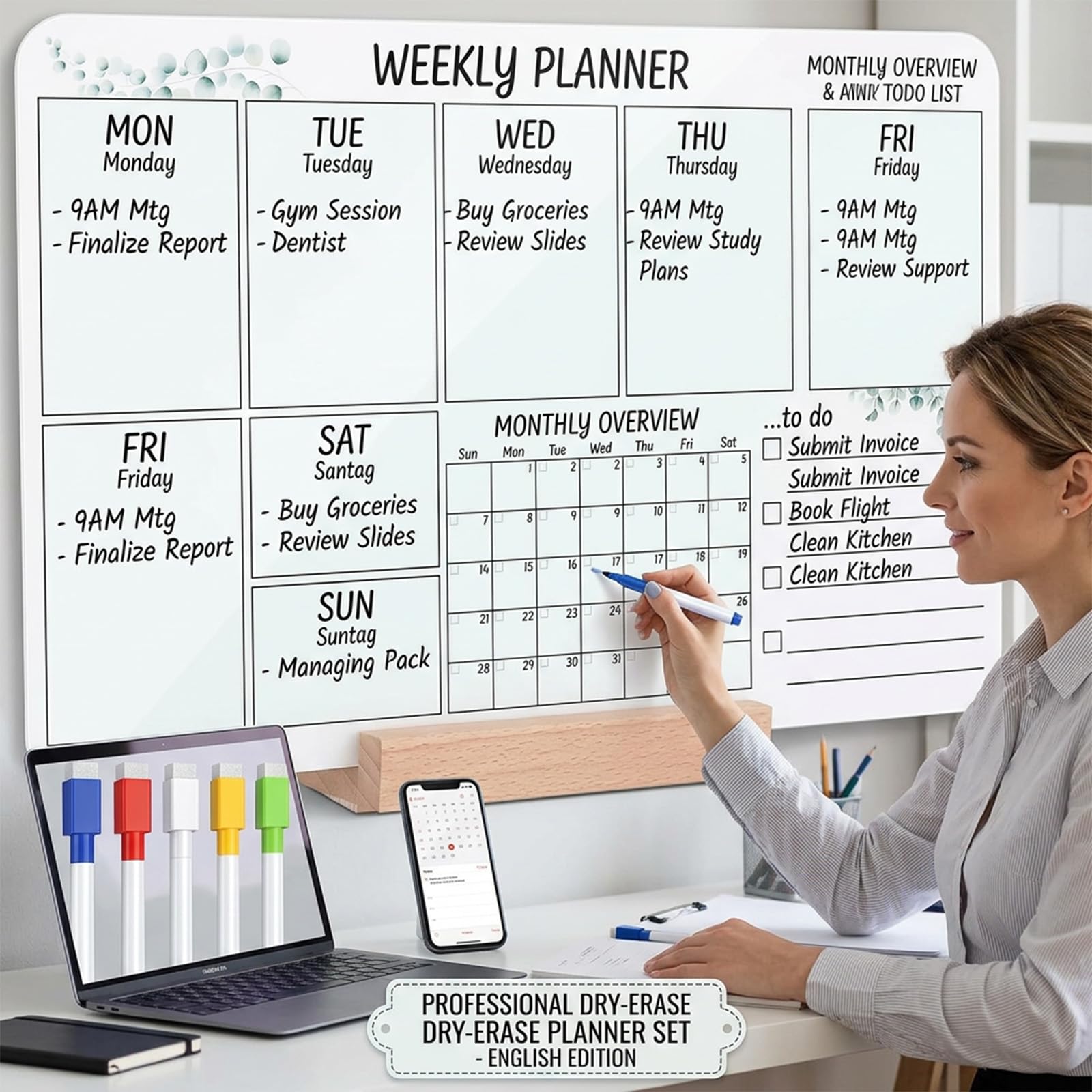 1 set agenda mensile cancellabile in plastica acrilica con 5 penne cancellabili, adatta per l ' organizzazione ' ufficio, della scuola, della casa, ' agenda settimanale