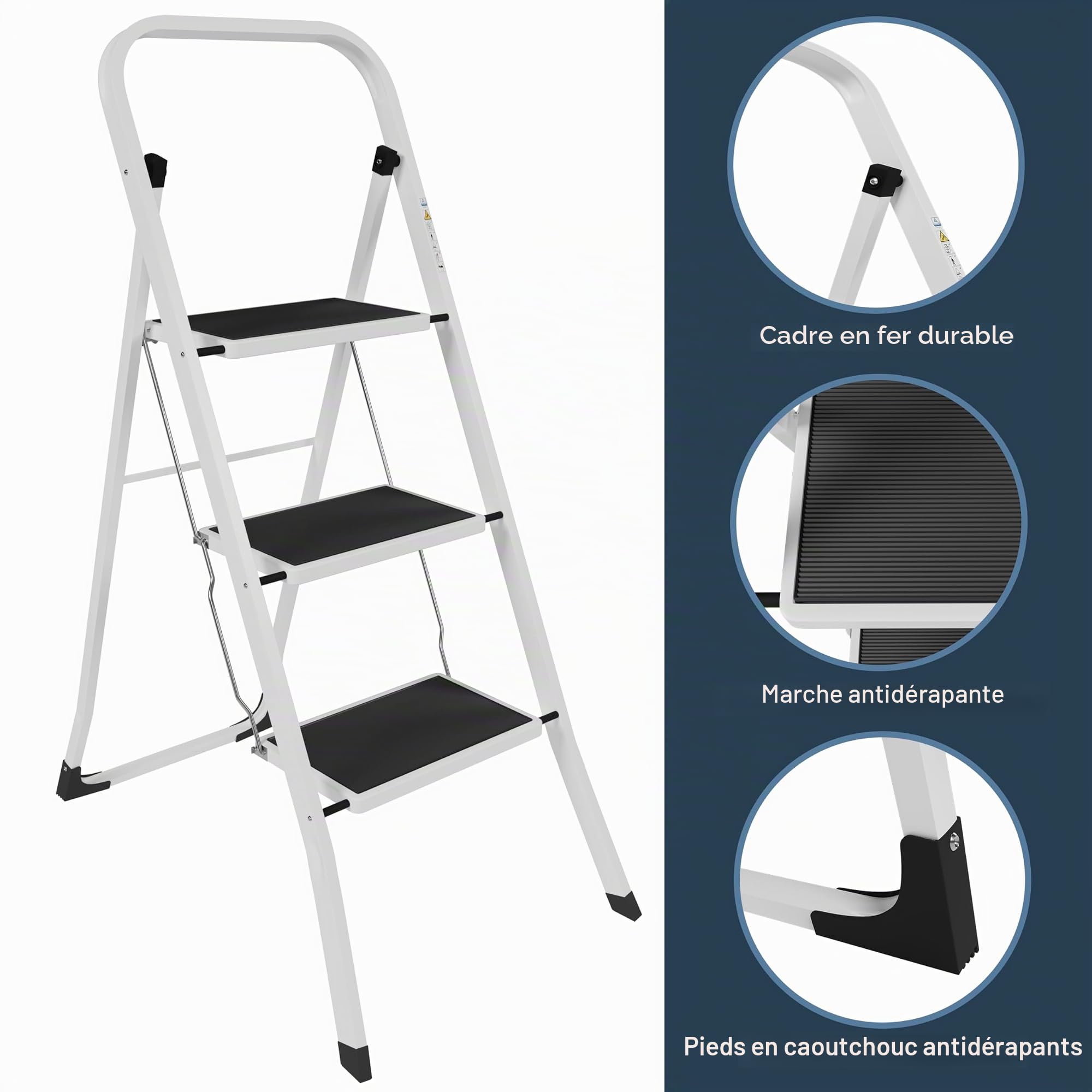 Escabeau Home Vida à 3 marches – pliable, portable, en acier ultra solide et multicolore