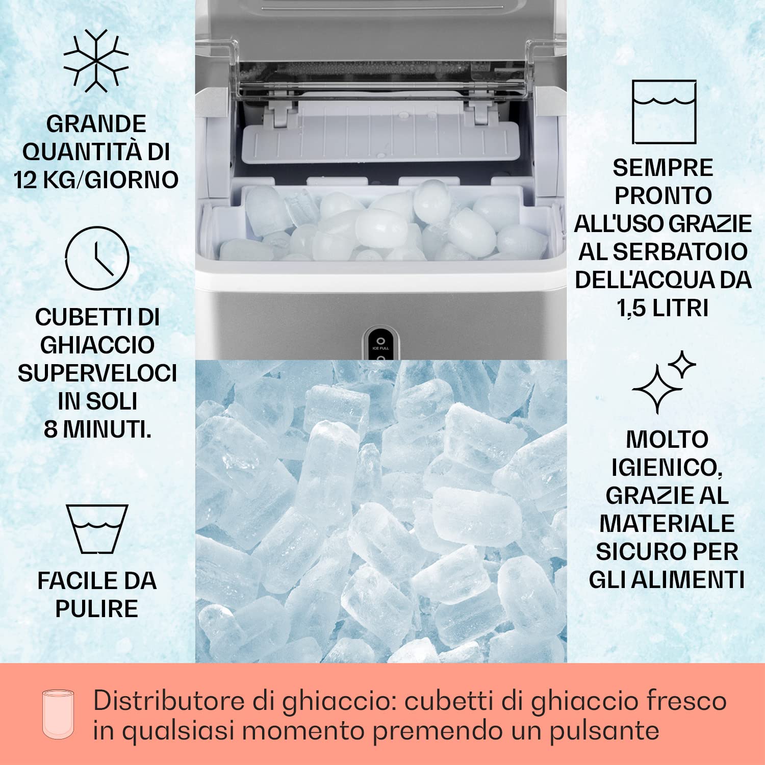 Klarstein Macchina Ghiaccio 1.5L, Macchina del Ghiaccio Professionale, Fabbricatore Secco Alimentare 12kg, Cubetti di Grandi Dimensioni, Casa Autopulente per Cocktail