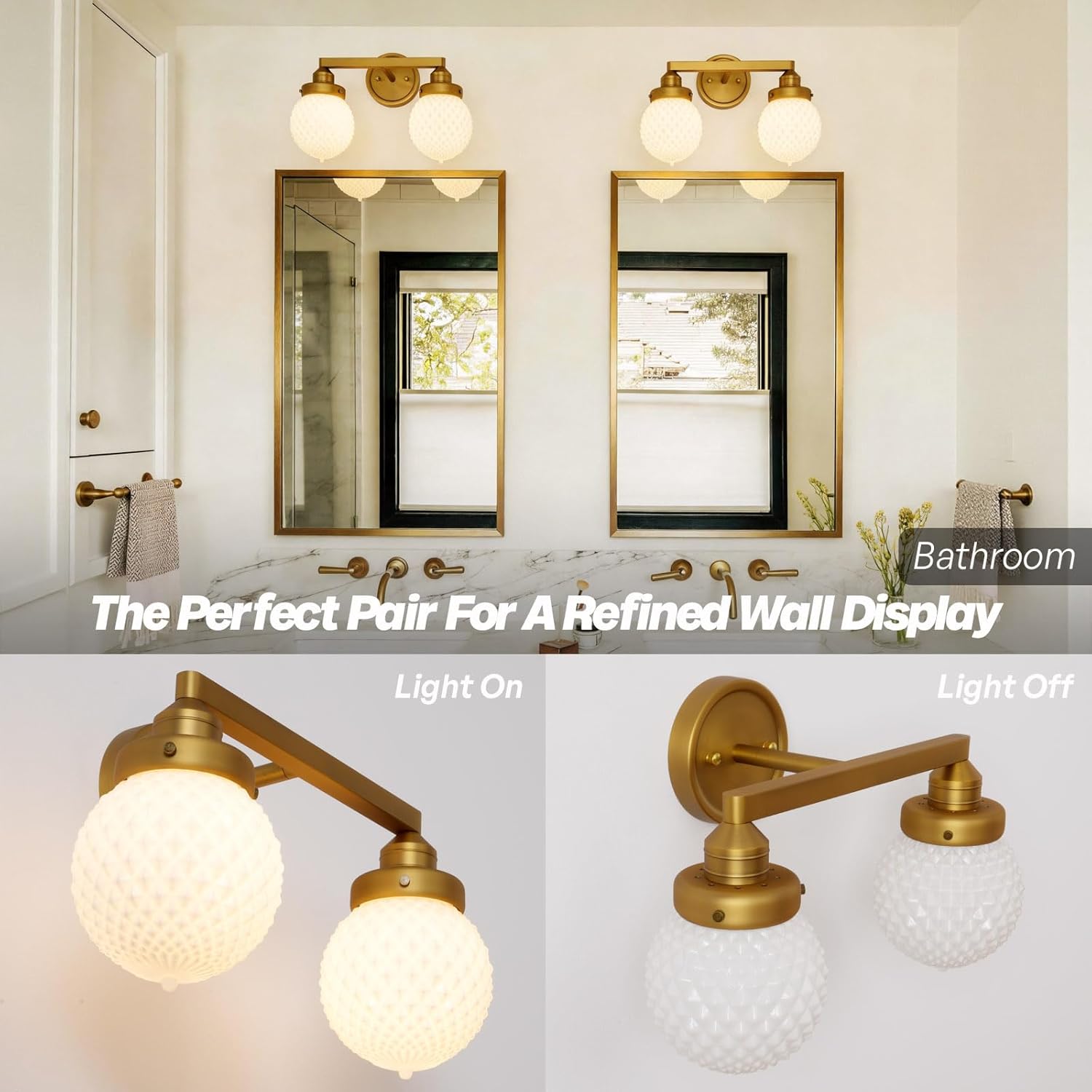 Vintage Gold 2-Light Milk Glass Wall Sconce, Bathroom Vanity Light Fixtures, Damp Rated Hardwired Double Sconce for a Designer Touch in Any Room.