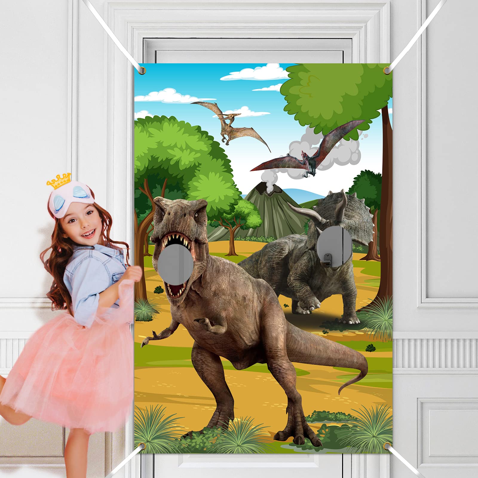MELTELOT Dinosaur Photo Door Banner,5x3ft T-Rex Face Pretend Play Party Game Supplies,Dino Theme Photography Backdrop Props for Safari Boys Kids