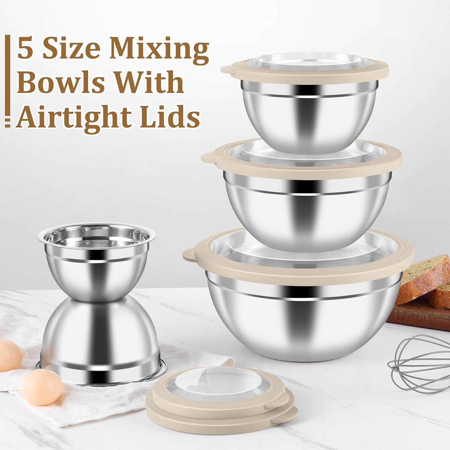 P&P CHEF Mixing Bowls with Visible Airtight Lids Set of 5, 10-Piece Stainless Steel Mixing Nesting Bowl, Metal Bowl with Lid for Kitchen Prepping & Storing, Size 4.6, 3, 1.5, 1, 0.7 QT, Khaki - Image 7