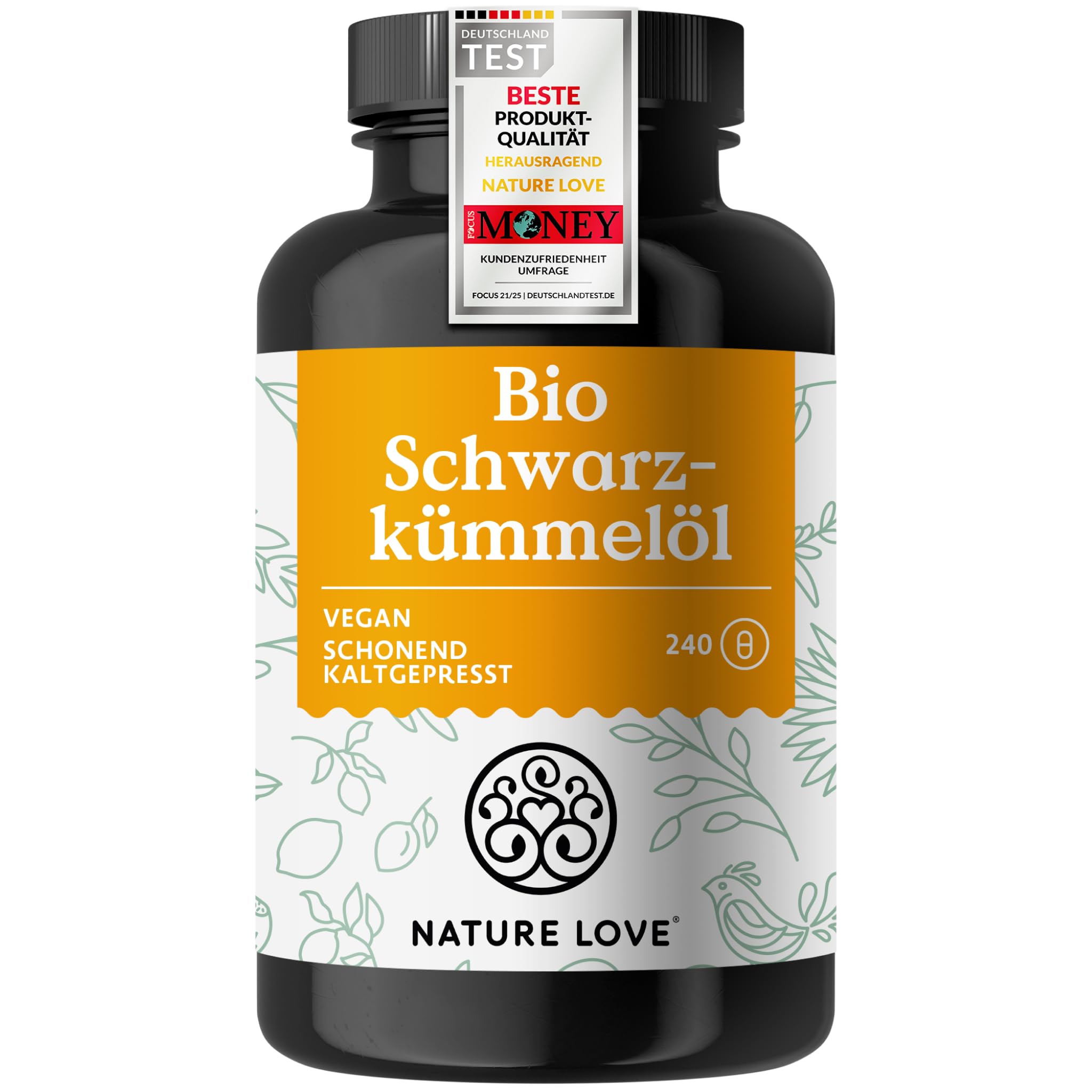 NATURE LOVE® Bio Schwarzkümmelöl - 240 allergenfreie, vegane Kapseln - hochdosiert: 1000mg pro Tagesdosis - davon 50% Linolsäure - kaltgepresst, aus Ägypten