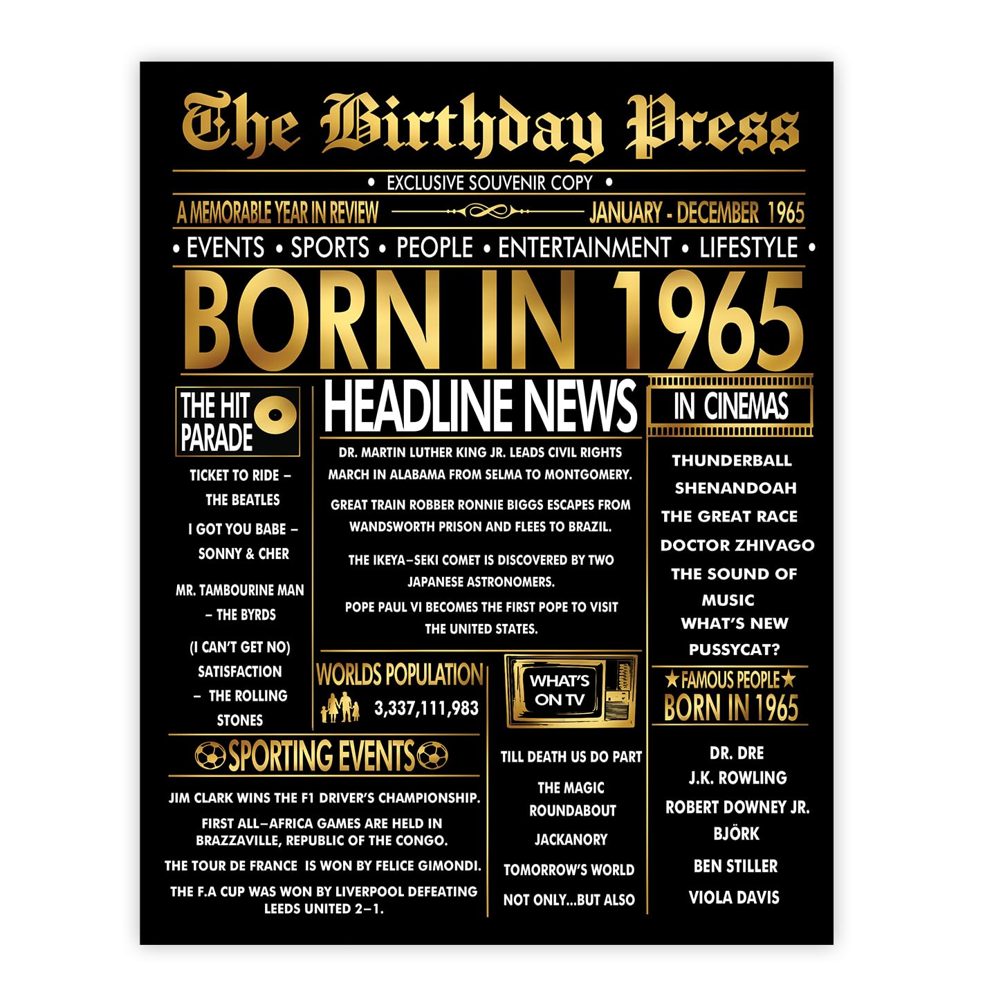 Stuff4 Gold 61st Birthday Poster Unframed - Golden Born In 1965 Newspaper - Happy 61 Birthday for Men Women Retro Vintage Gifts Back In 1965, 8x10 Inch Bday Party Decor Decoration