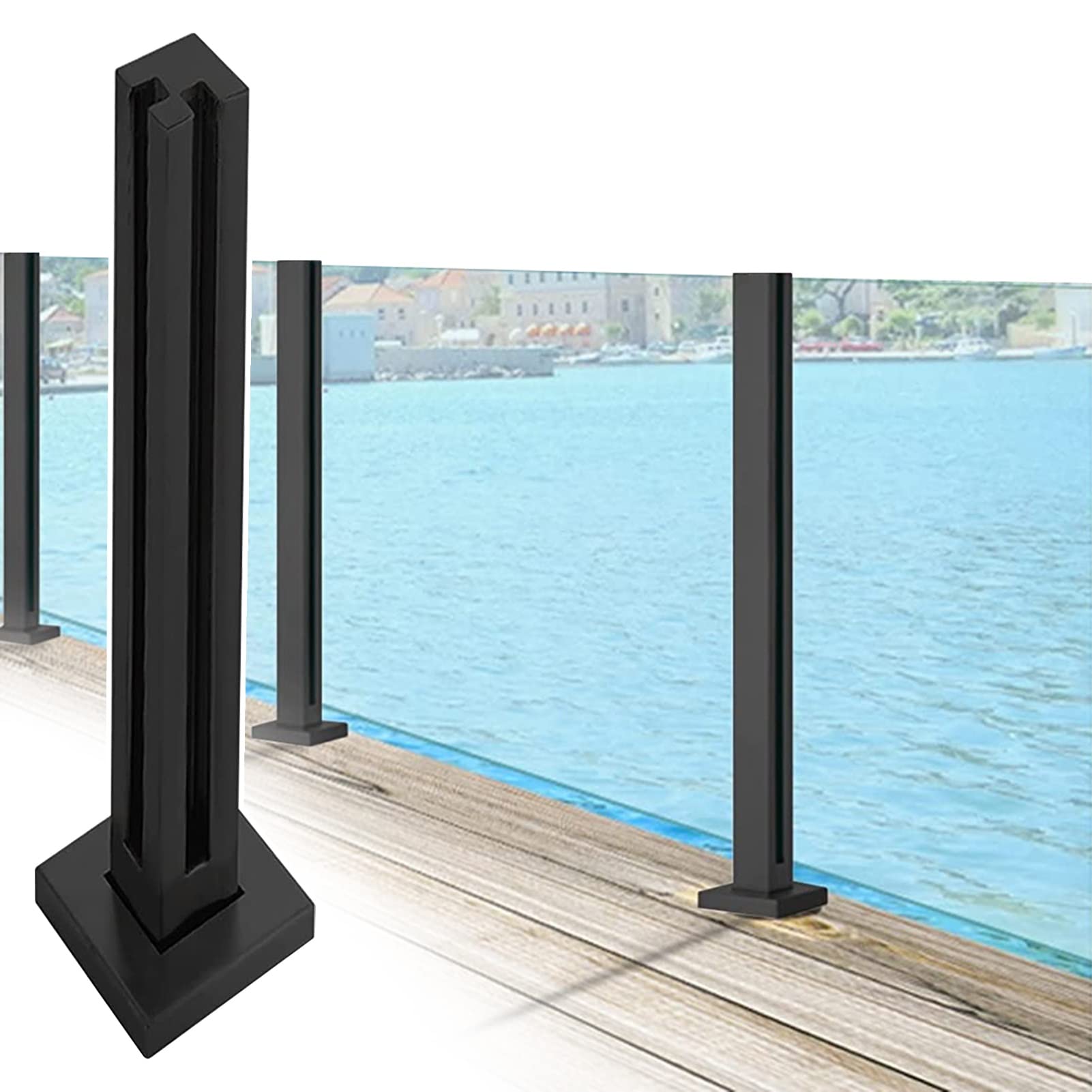 Garde-corps en verre pour terrasse avec pinces de fixation au sol noires carrées