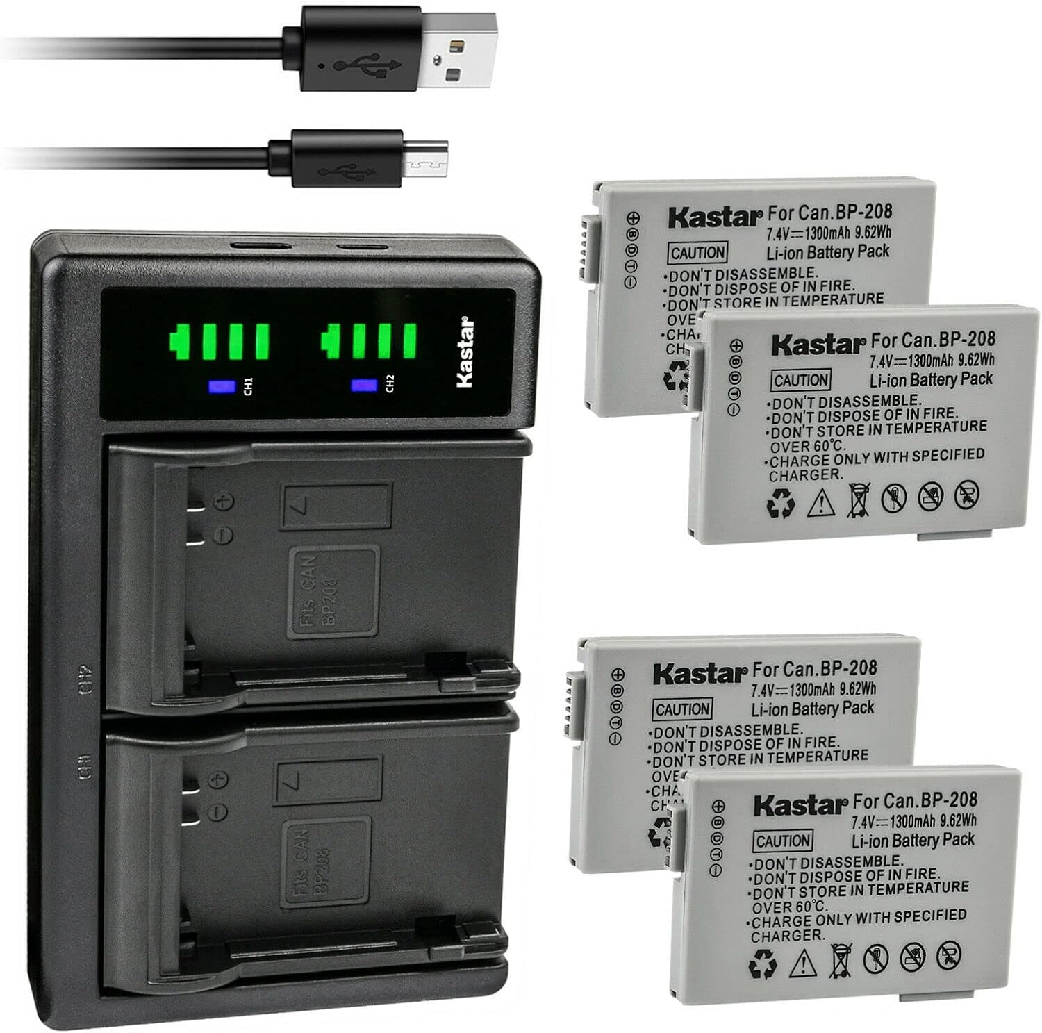 Kastar 4-Pack Battery and LTD2 USB Charger Replacement for Canon BP-208 BP208 BP-208DG Battery, Canon DC10, DC19, DC20, DC21, DC22, DC40, DC50, DC51, DC95, DC100, DC200, DC201, DC210, DC211 Cameras