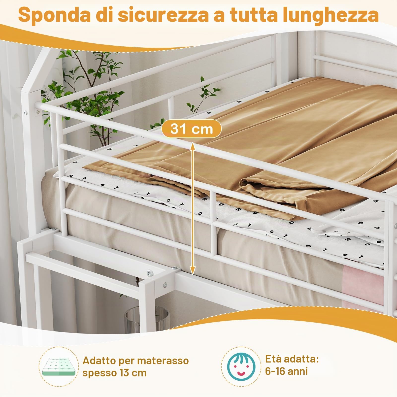 GIANTEX Letto a Castello per Bambini 90 x 200 cm, Letto a soppalco con Scivolo e Scala a 3 gradini, Struttura in Metallo con Barriera di Sicurezza e Conservazione, Senza Materassi (Bianco)