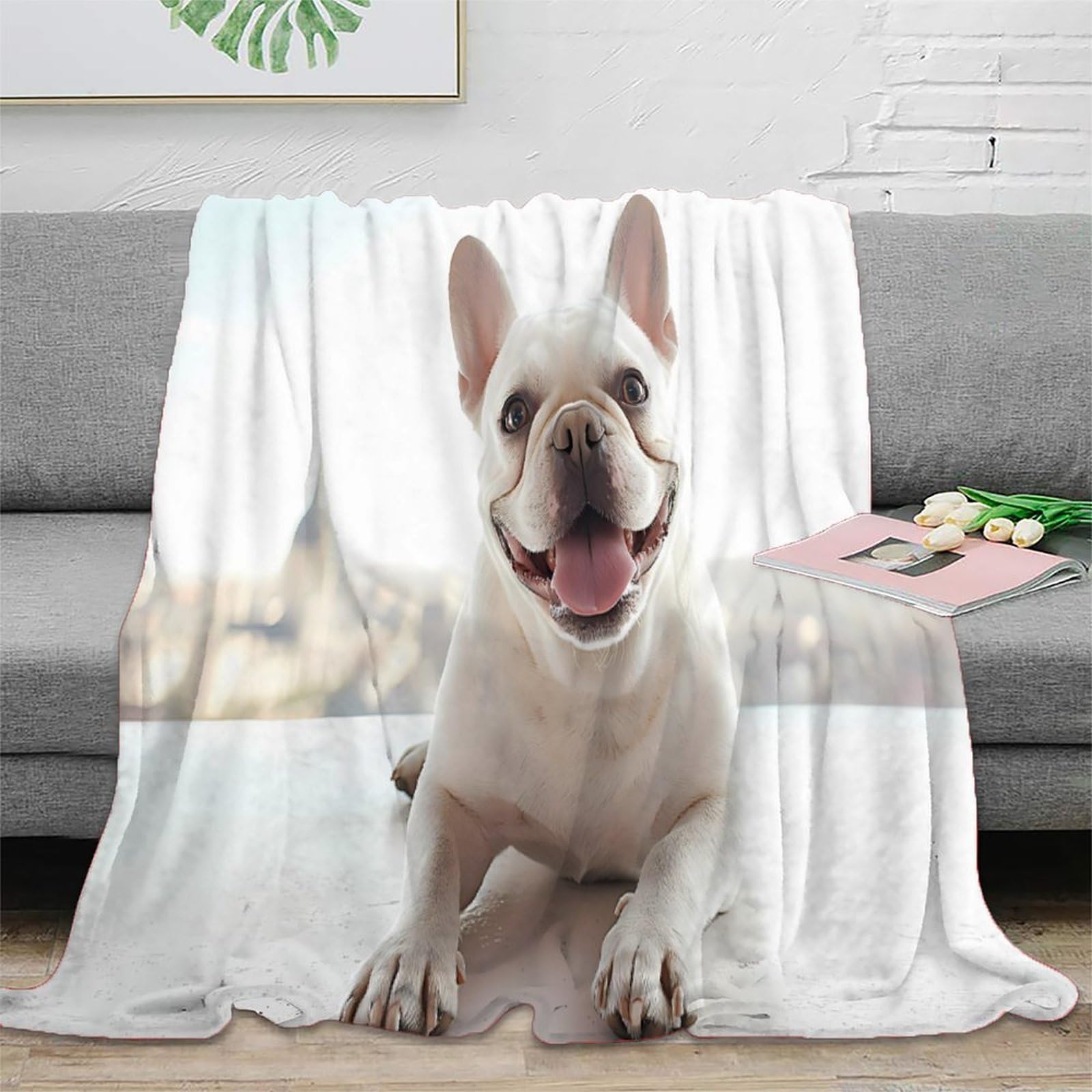stampa 3D Bulldog smiling coperta da viaggio microfibra biancheria da letto anti-pilling coperta da viaggio compatta per giovani in vacanza Carino animale domestico 70×80inch(180x200cm)