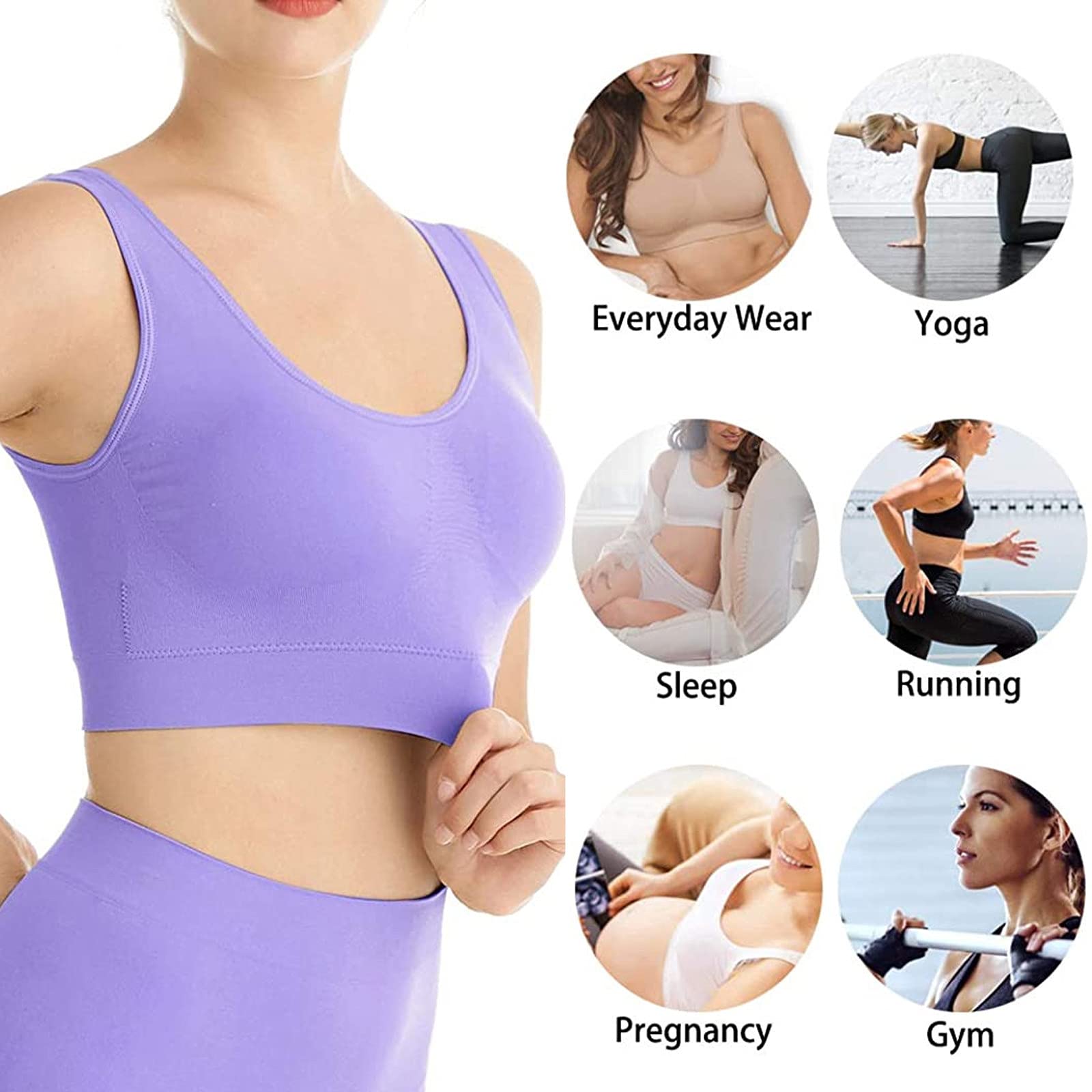 Lot de 5 soutiens-gorge de yoga sans couture avec coussinets amovibles pour femme - Couverture complète - Grande taille