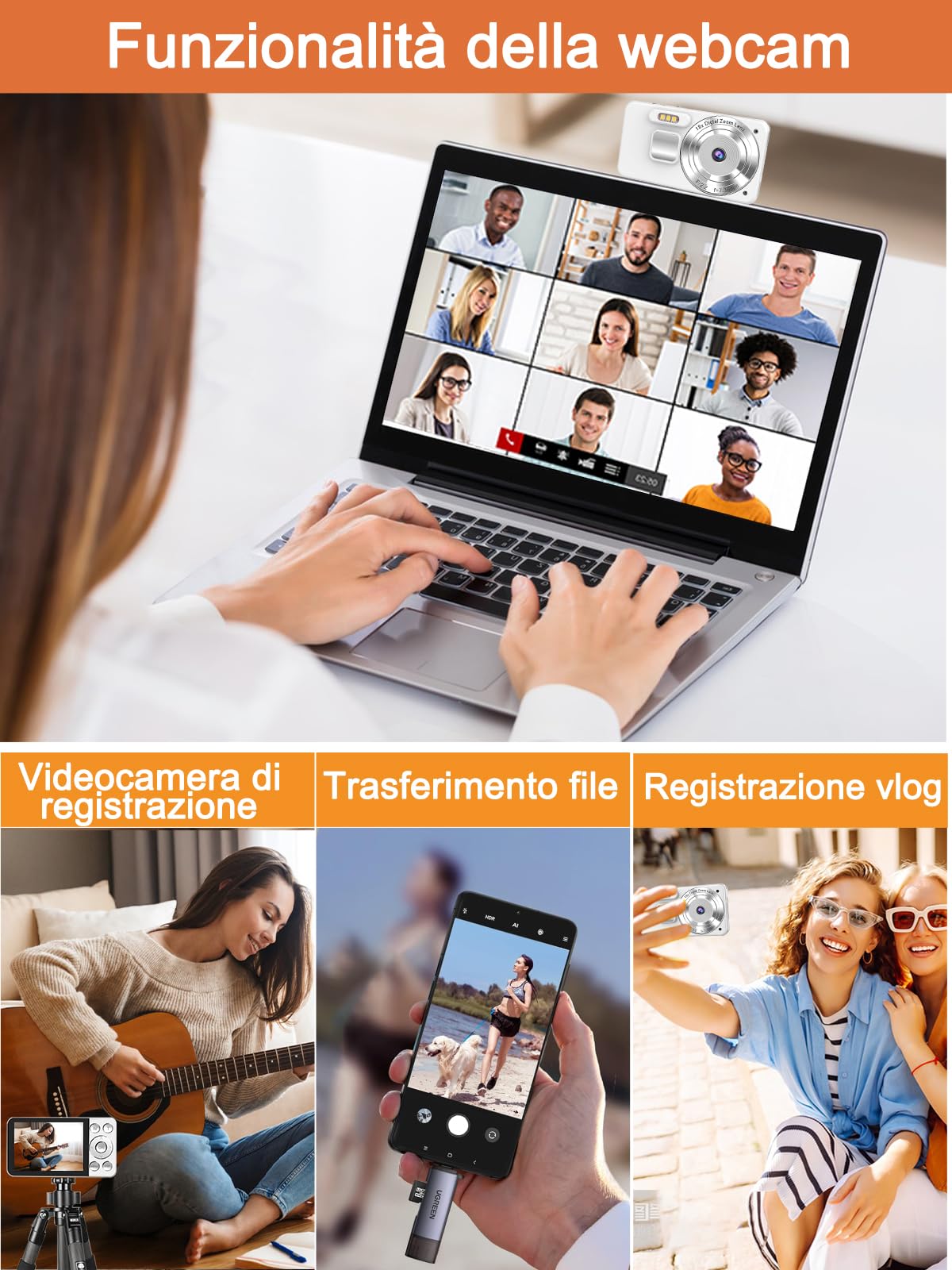 4K Fotocamera Digitale, 64MP Fotocamera Compatta con Autofocus e Zoom Digitale 18X, Schermo da 2,8", Registrazione Loop & Webcam, con Scheda SD da 32GB, Ideale per Vlog, Viaggi & Principianti
