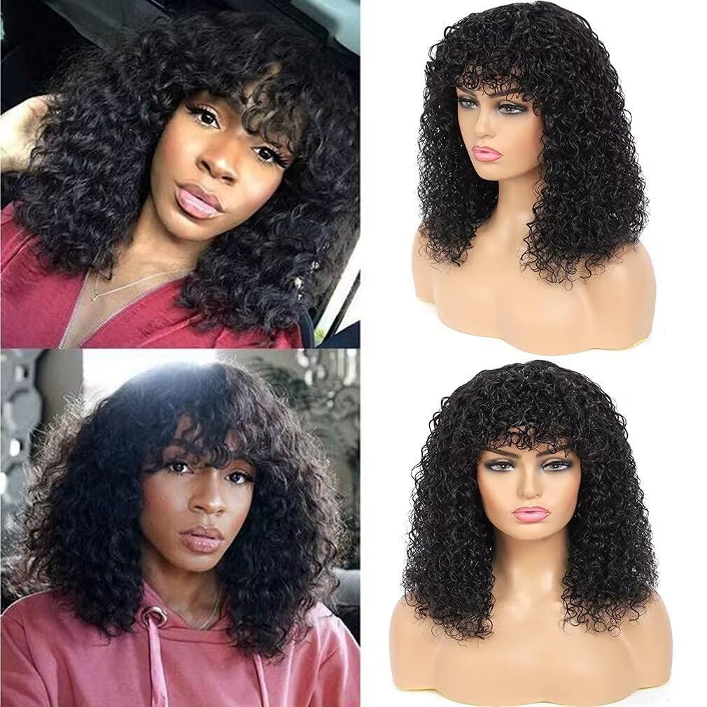 pelucas de pelo humano rizado curly wigs curly bob human hair wigs with Fringe Peluca de cabello humano con flequillo no lace front Pelucas cortas y rizadas de cabello humano con Frange 14 pulgadas