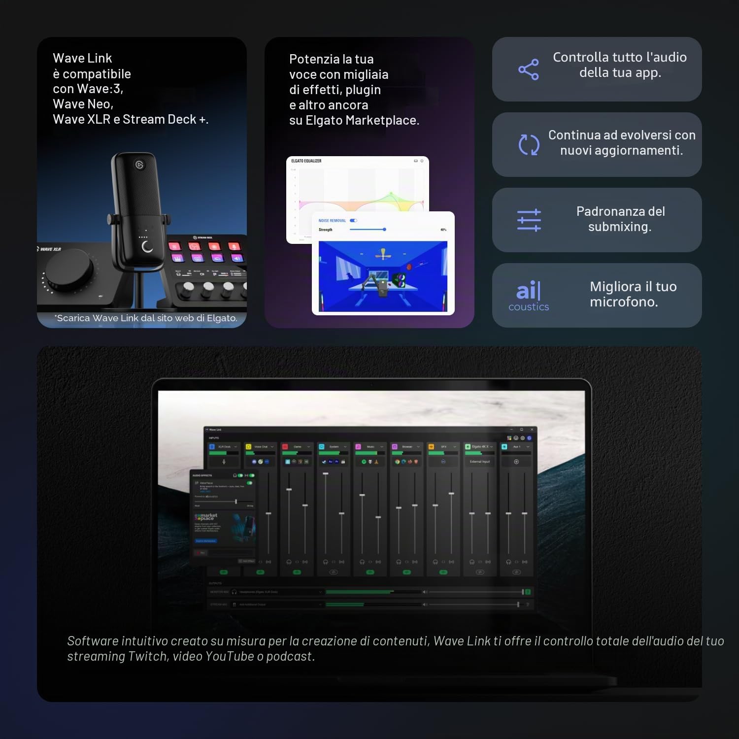 Elgato Wave:3, microfono condensatore USB premium per streaming, podcast, gaming e home office, software di mixaggio gratis, plug-in per effetti audio, anti-distorsione, plug ’n play, per Mac e PC