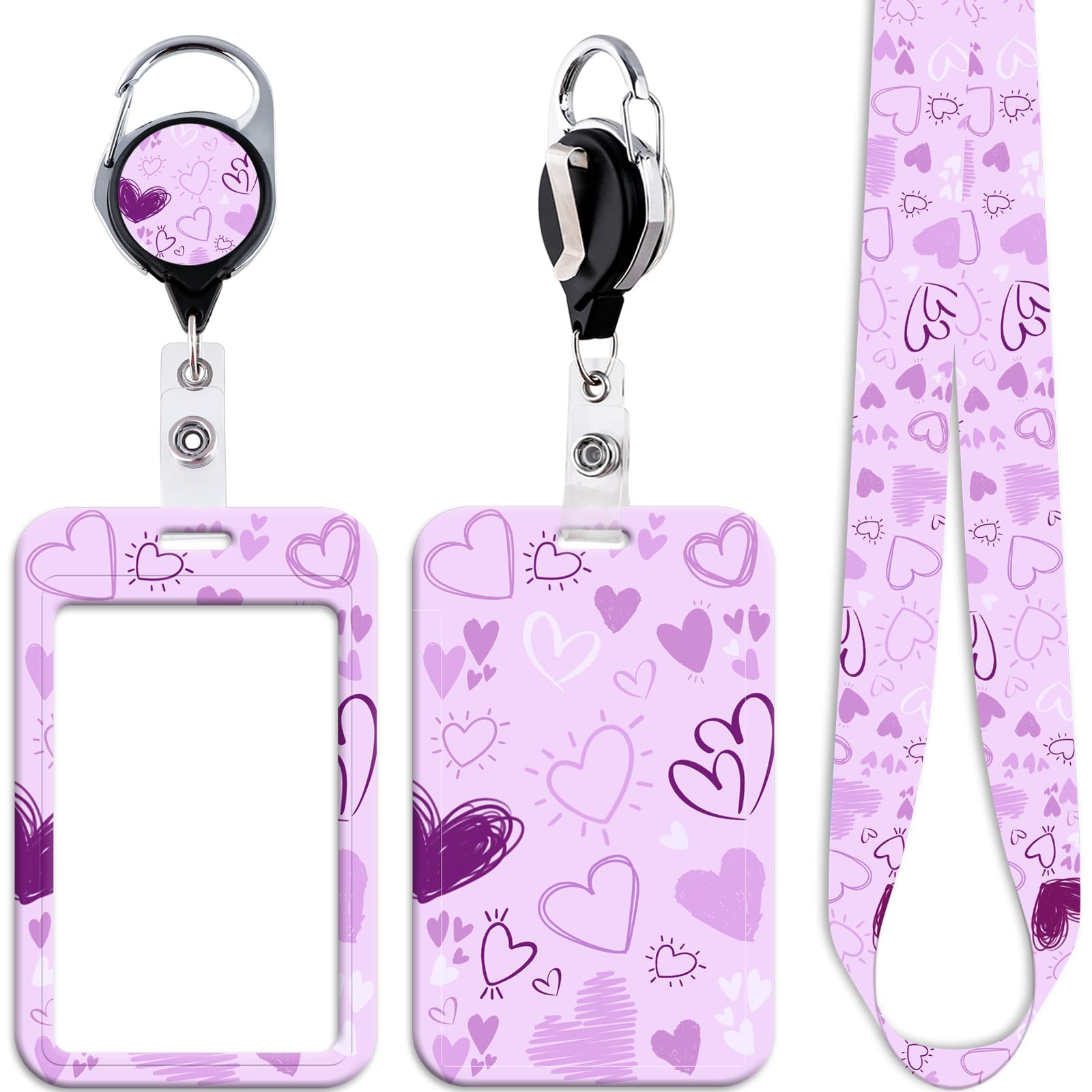 Purple ID Lanyard Card Holder & Retractable Badge Reel Clip Cute Neck Lanyard for Keys ID Badges for Women Kids Girls Teachers Nurses for Work School Love Heart Keychain Retractable Badge Holder Reel — image 1
