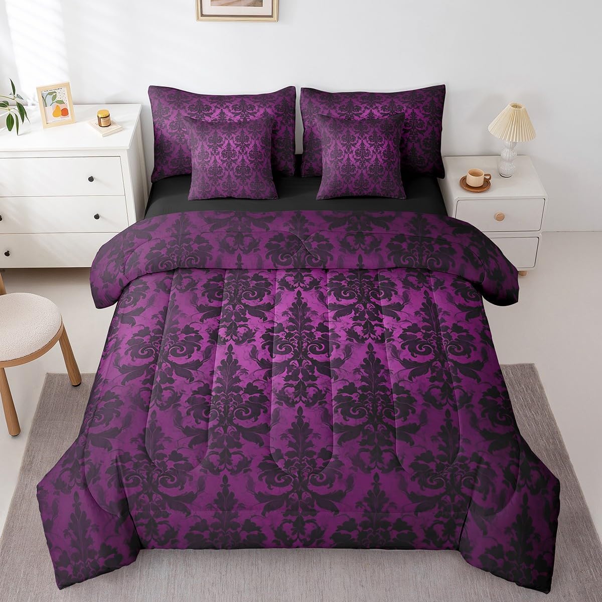 Erosebridal Gothic Bed in a Bag Queen Comforter Set 7 Piece,Adults Black Damask Bedding Sets,Victorian Sheet Set with Comforter Vintage Baroque Goth Antique Black Floral Bohemian Decor,Purple