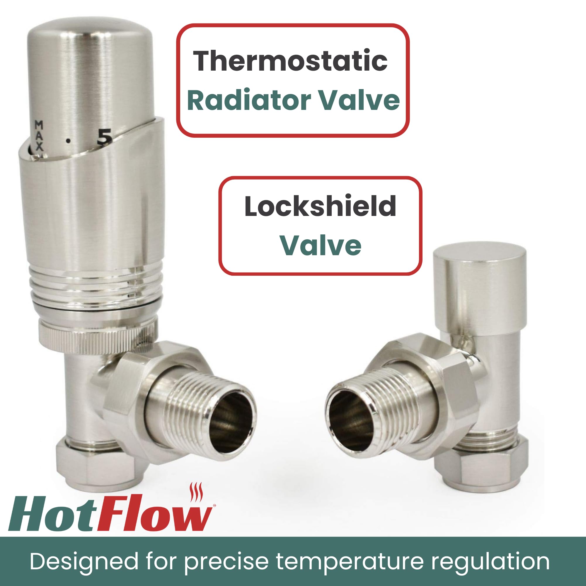 Válvula de radiador termostática TRV moderna en ángulo de níquel satinado (par) incluye cuerpo TRV en ángulo y un escudo de bloqueo para un control rápido y fácil de la temperatura. Perfecto