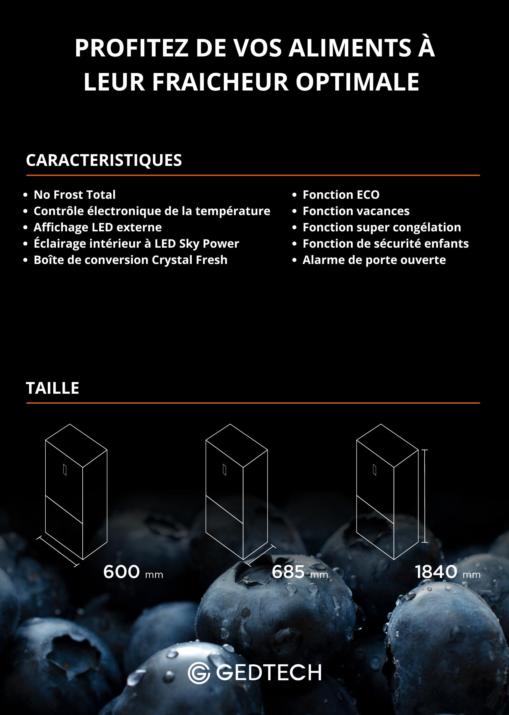 GEDTECH Réfrigérateur combiné congélateur bas 323L GCB323NFDX - No Frost - Dark inox