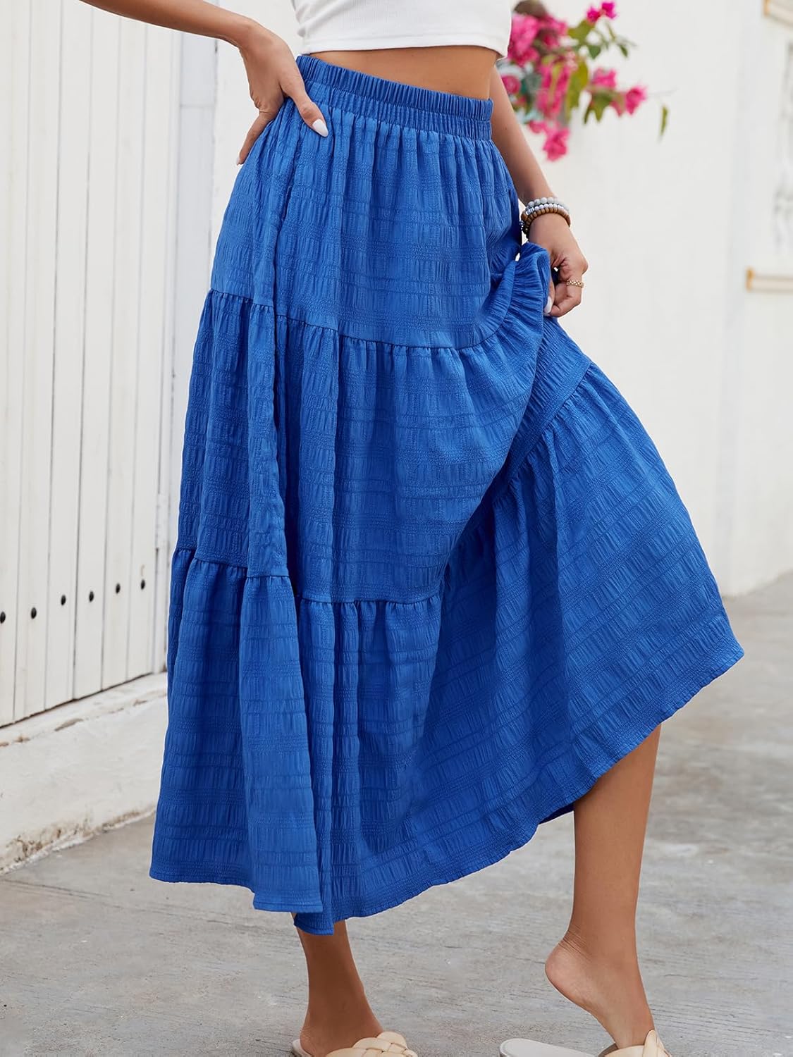 HUSKARY Trendy Skirts for Women 2025 High Waisted Casual Smock Tiered Summer Skirt Loose Flowy Long Layered Skirt,Blue - Image 2