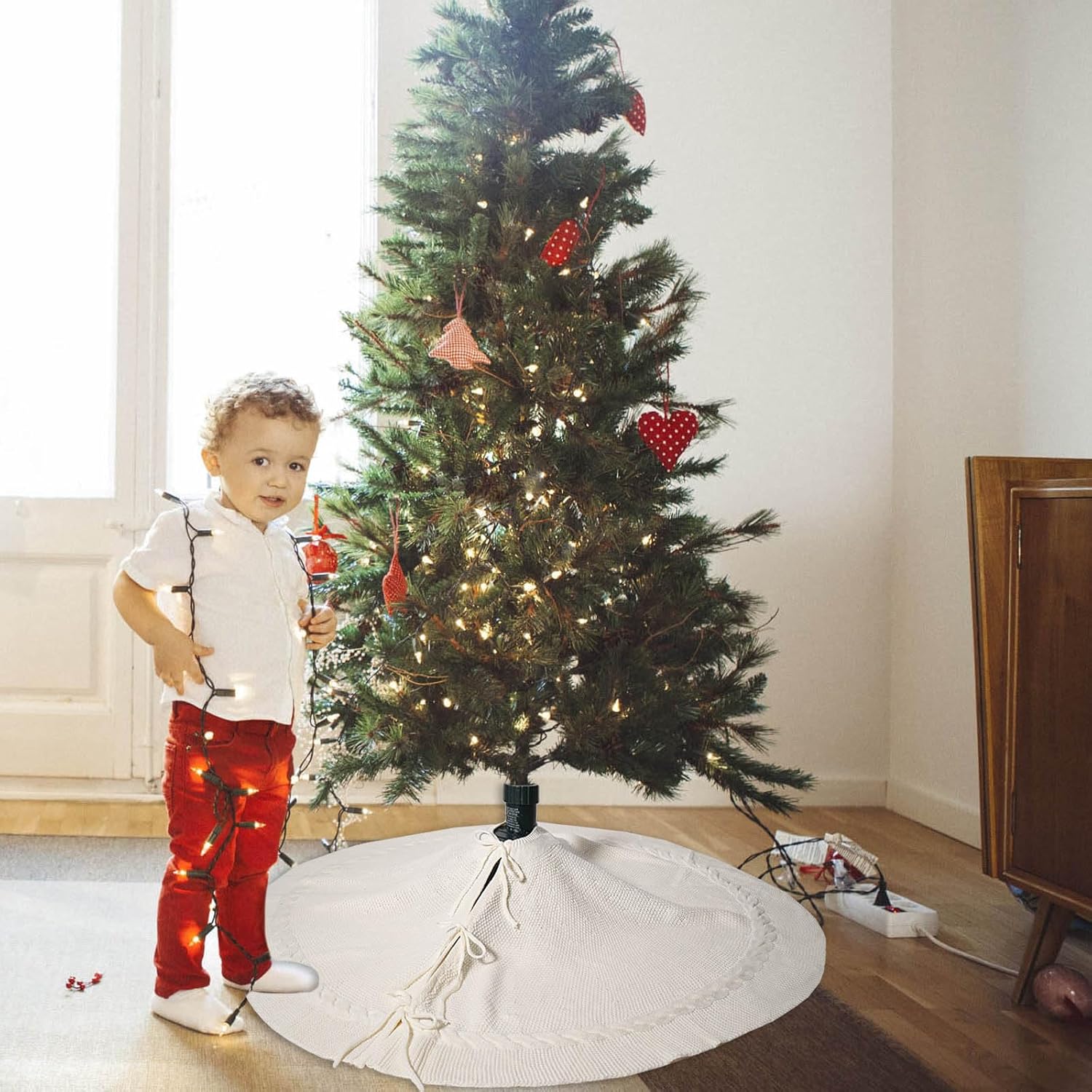 24 Inch White Christmas Tree Skirt, Small Cable Knit Thick Rug, Rustic Xmas Decorations, Farmhouse Tabletop Ornaments, Pencil Tree Boho Vintage Decor