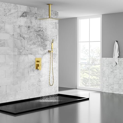 Miniatura 66 de SR SUN RISE Sistema de ducha montado en el techo de 12 pulgadas, mezclador de lluvia, sistema de cabezal de ducha de lluvia, dorado cepillado, Oro