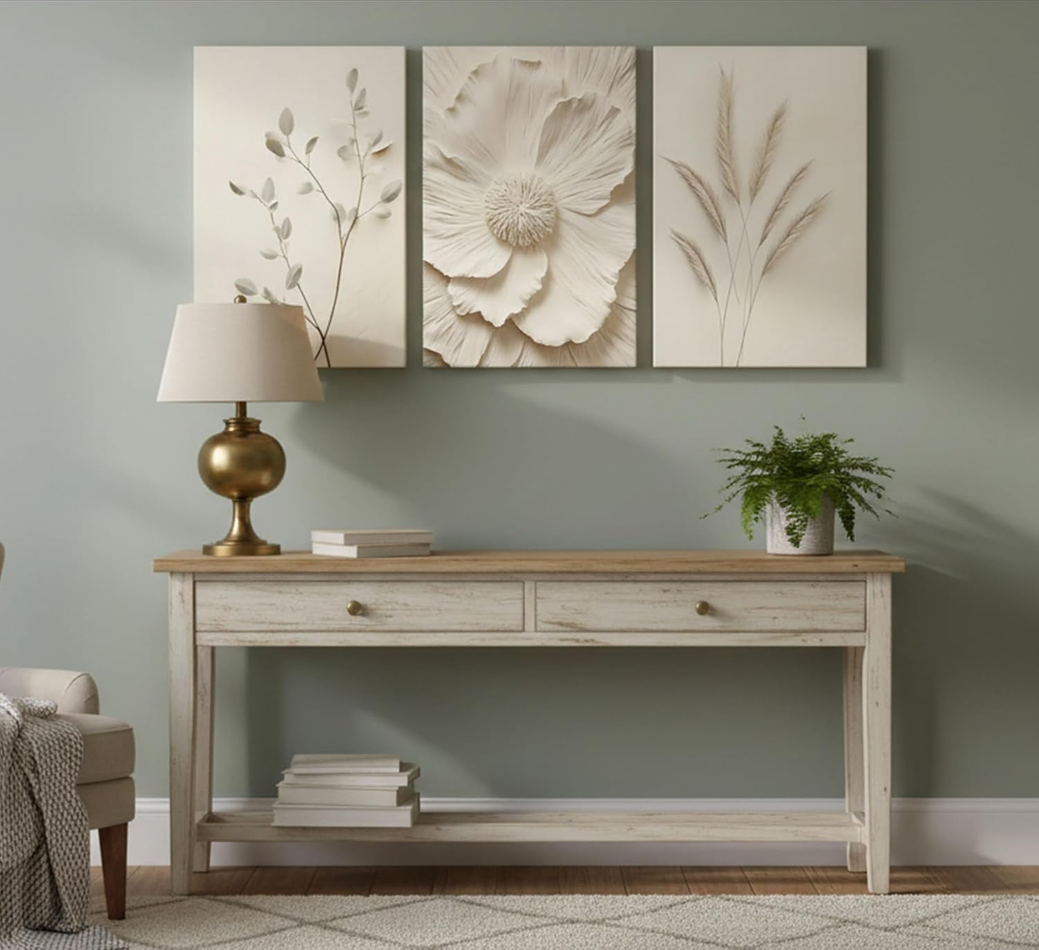 3Pcs Neutral Beige Floral Plant Canvas Wall art Textured Flower Botanical Painting Picture Wall Decor Vintage Blossom Poster Prints for Living Room Bedroom Bathroom Decoration