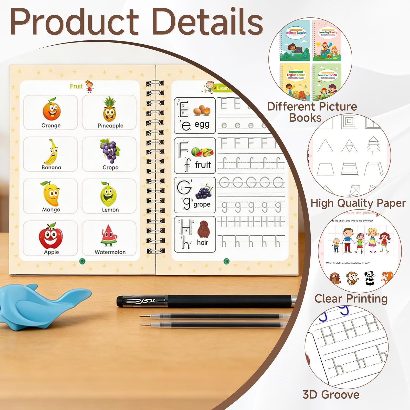 Cuaderno de ejercicios preescolar mágico, 4 unidades, cuaderno mágico con 1 bolígrafo y 10 minas de repuesto, libros de ejercicios reutilizables para alfabeto, números y matemáticas
