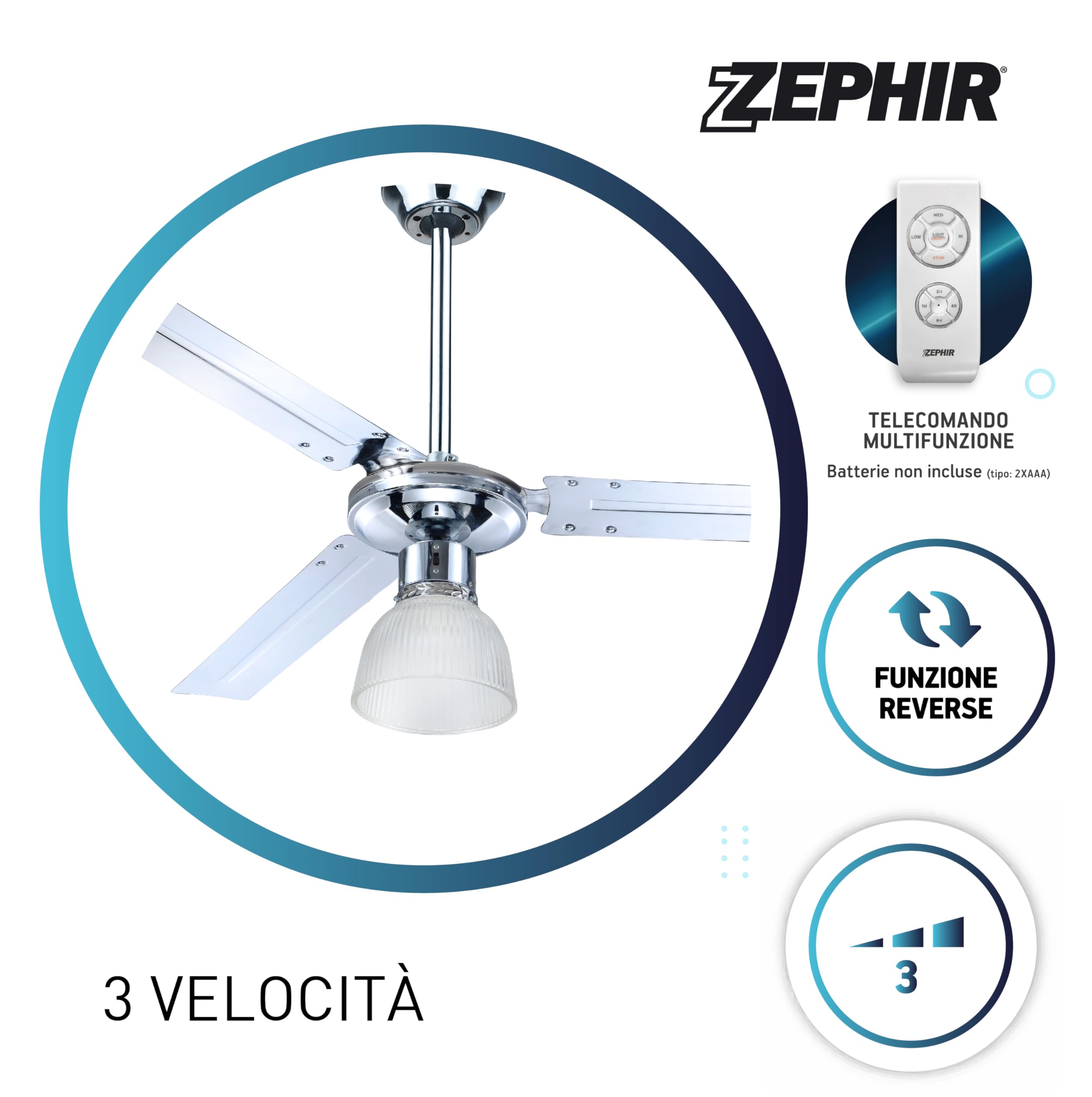 Zephir ZFS3121X Ventilatore da Soffitto in Metallo con Lampada, Argento