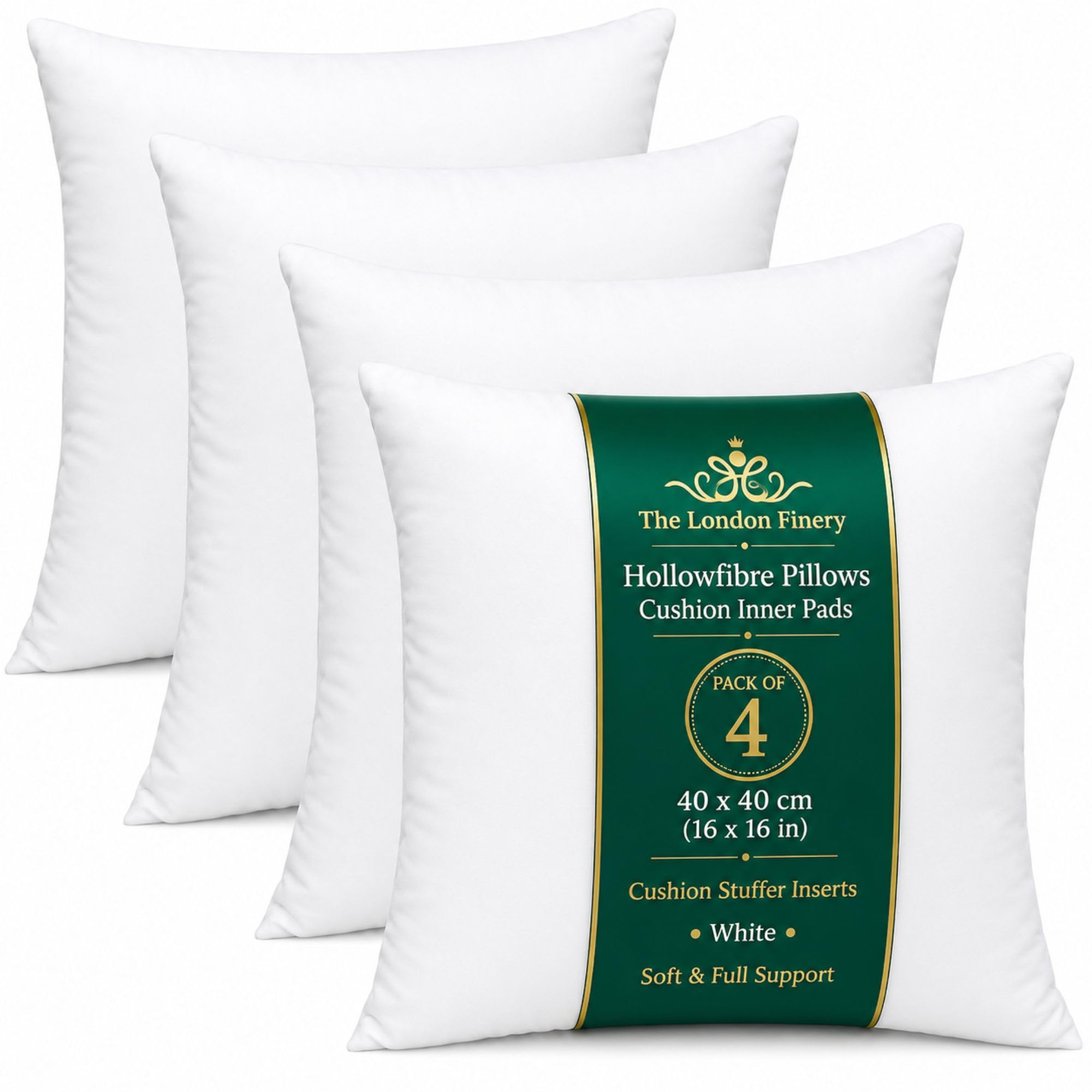The London Finery Hollowfibre Pillows (Pack of 4), Cushion Inner Pads 40 x 40 cm (16 x 16 inches), Cushion Stuffer Inserts (White)