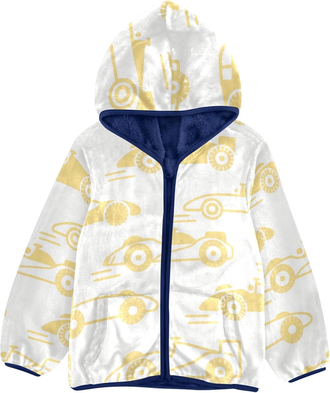 Cartoon Truck Vehicle White and Yellow Fleece Zip Up Jacket Outerwear Jackets Navy Blue Baby Boy Zipper Hoodie