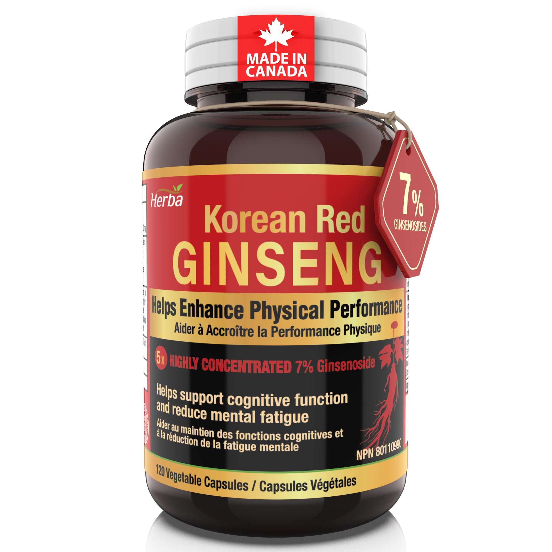 Herba Korean Red Ginseng Extract – 120 Capsules | 7% Ginsenoside (HIGHEST) - 2500mg Equivalent - 5:1 Extract From 500mg | Panax Ginseng Supplement | Red Ginseng Root to Support Energy & Stress | 4 Months Supply