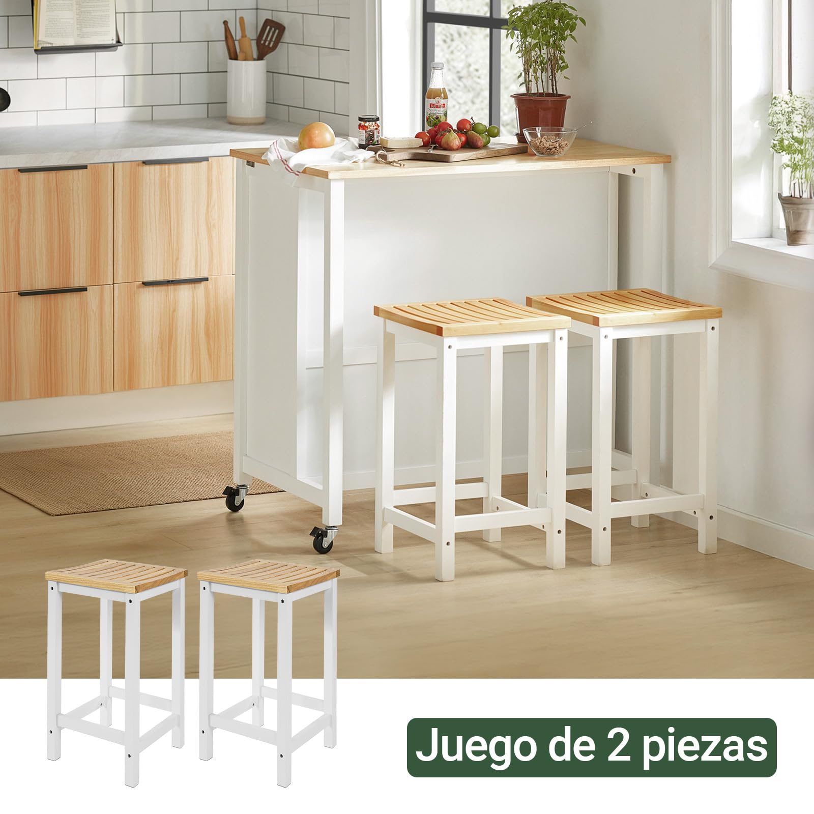 SoBuy 2 Taburetes de Bar Cuadrados con Asiento ergonómico, 35x61x35cm | Silla de Cocina con 4 patas robustas, fácil de limpiar, carga de 100 kg, madera de caucho/pino, cocina & barra, FST29-WNx2