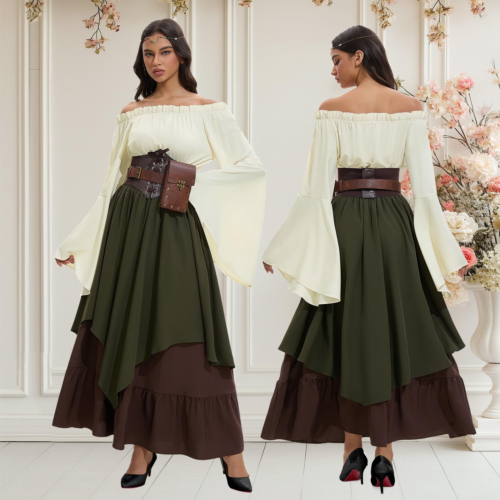 Robe Médiévale Femme, Robe Renaissance Femme avec Corset, Sac Banane, Coiffe, Ceinture, Rétro Renaissance Déguisement Victorienne Flare Manches pour Halloween Carnaval