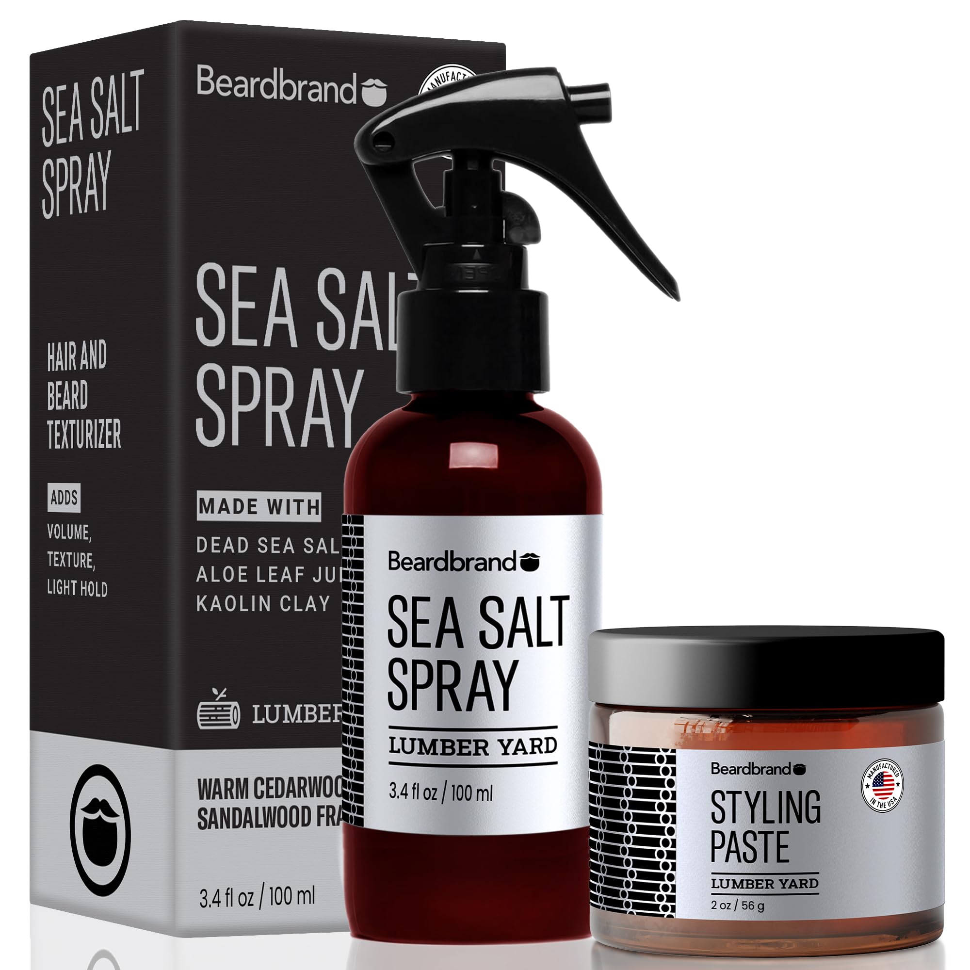 Beardbrand Beard Styling Paste Sea Salt Spray Bundle Versatile Mens Hair Beard Grooming Set with Lumber Yard Scent