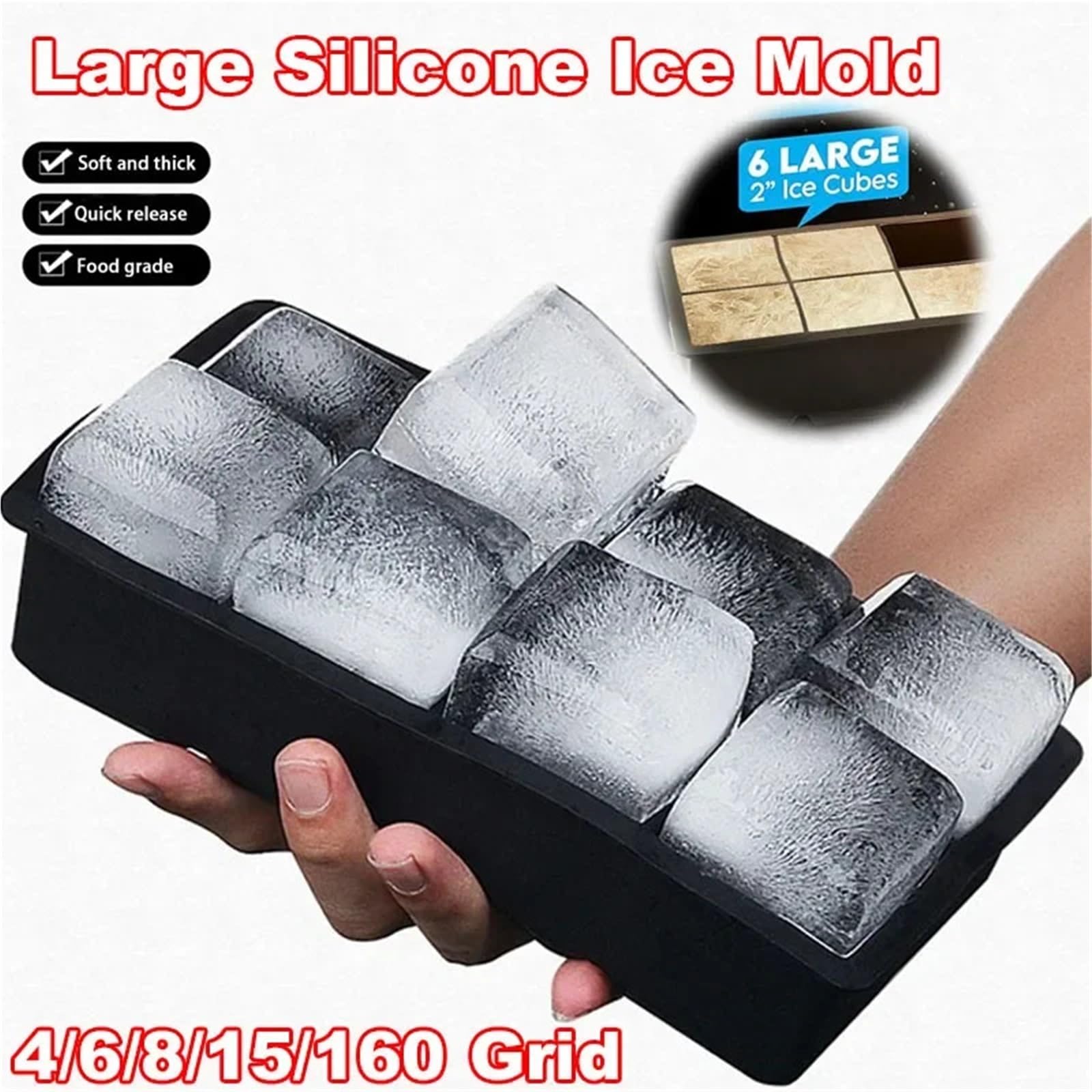 Molde Hielo Molde for bandeja de hielo grande 4/6/8/15/160 cuadrículas, gigante, jumbo, silicona, cuadrado, for hacer tú mismo