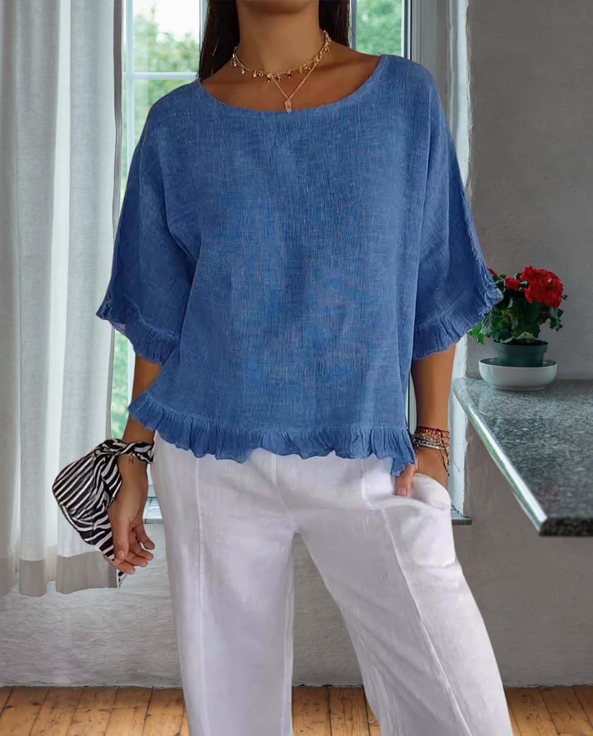 Womens Flowy Edge Casual Tops Summer Short Sleeve Loose Fit Shirts Simple Round Neck Baggy Solid Color Blouses - Image 2