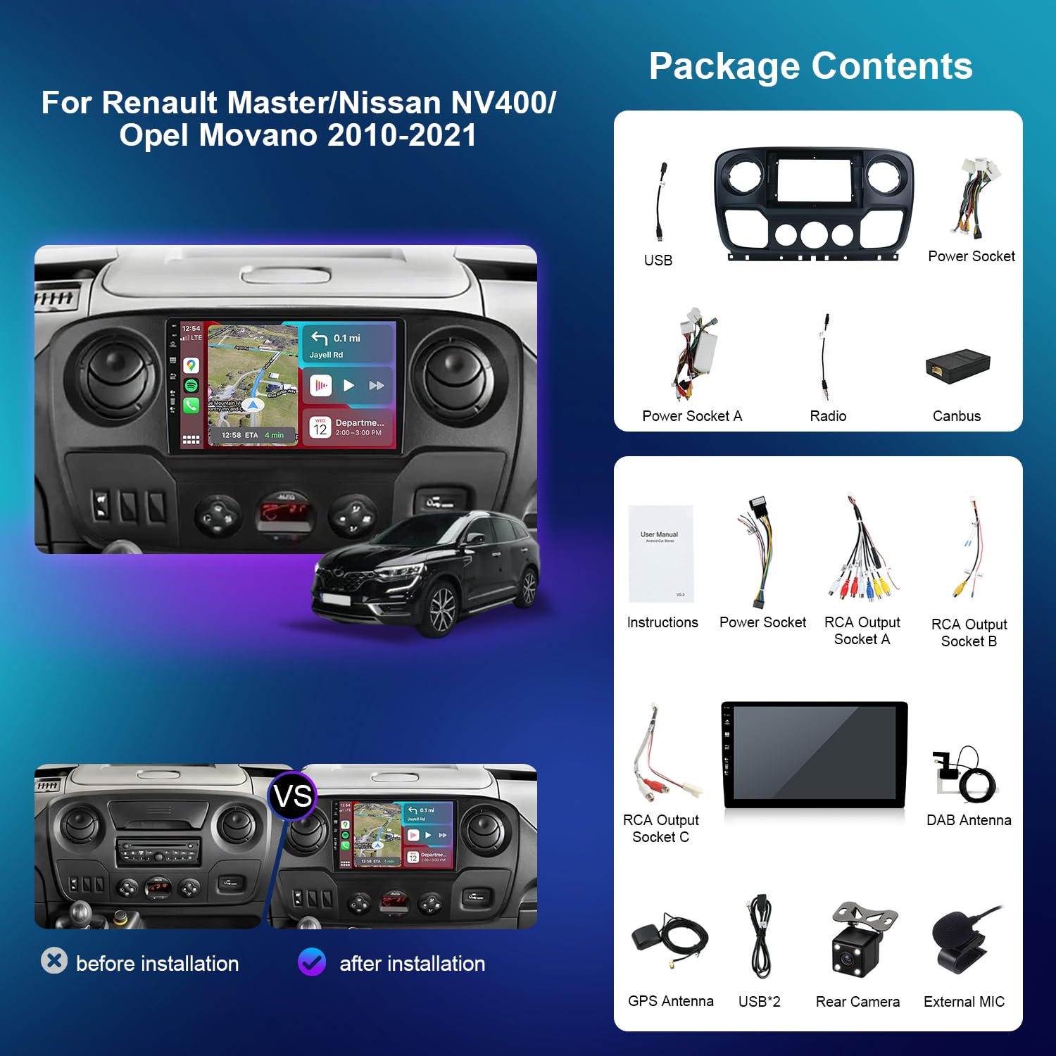 Radio samochodowe z systemem Android 14 IPS - [wbudowane DAB] - pasuje do Renault Master/OPEL Movano/Nissan NV400 (2010-2021) - bezprzewodowe Carplay/Android Auto - 4G + 64G - aparat +