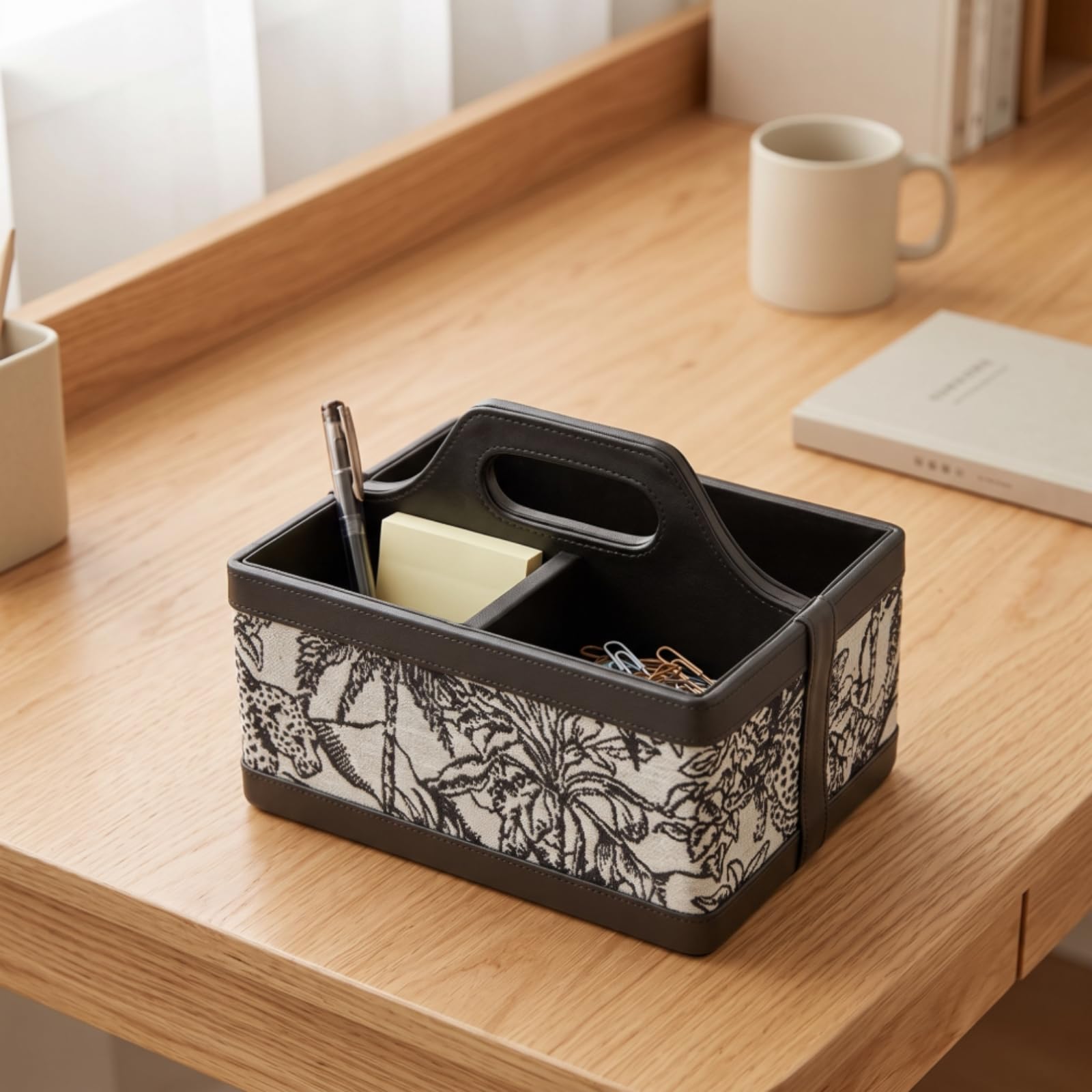 Schreibtisch-Organizer mit fächern multifunktional aufbewahrungsbox mit tragegriff geteilt aufbewahrungsbox fächern für schminktisch, Schwarz, Modern Und Schlicht