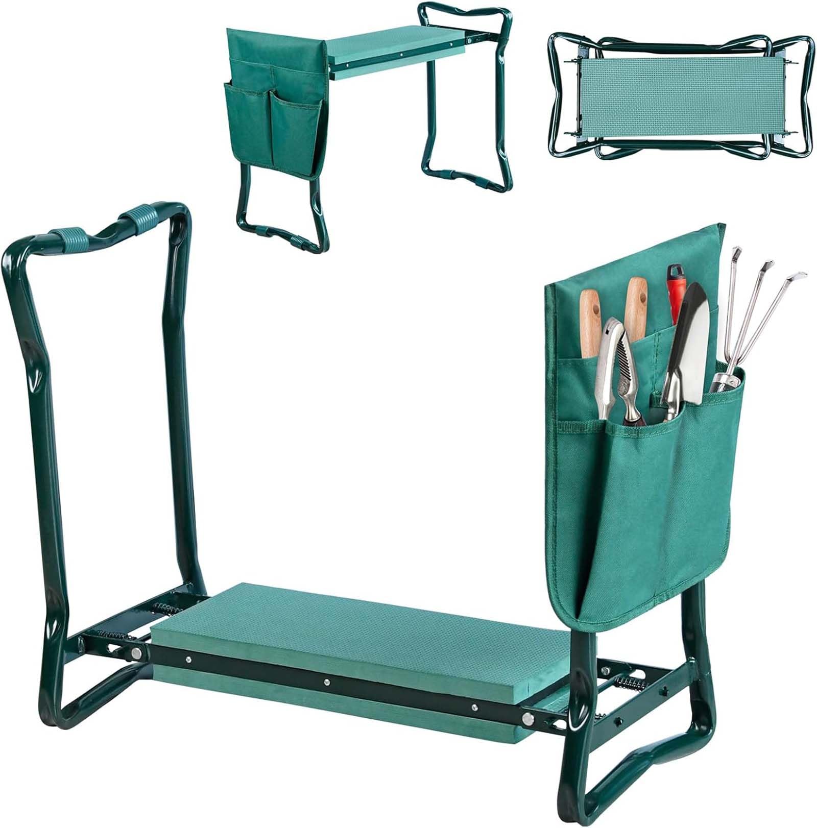 Gartenhocker Kniestuhl Kniebank für gartenarbeit Kniekissen Gartenbank 2 in 1 mit Eva-Schaumkissen und Werkzeugtasche Kniestuhl Kniehilfe Arbeitshocker für Garten 57x44x30 cm (Grün Gartenhocker)