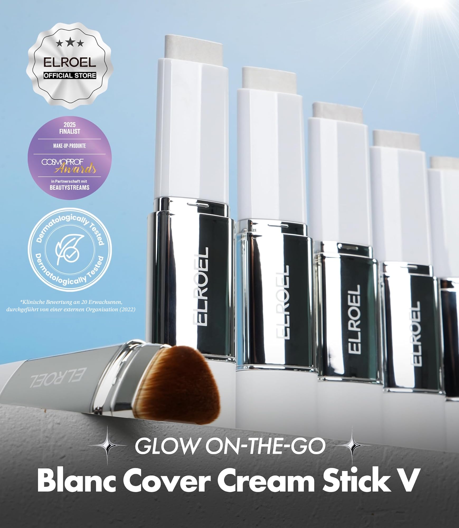 ELROEL BLANC Cover Cream Stick V, koreanische farbwechselnde Foundation mit abnehmbarem Pinsel, volle bis mittlere Deckkraft, 12 g, 202 natürlich