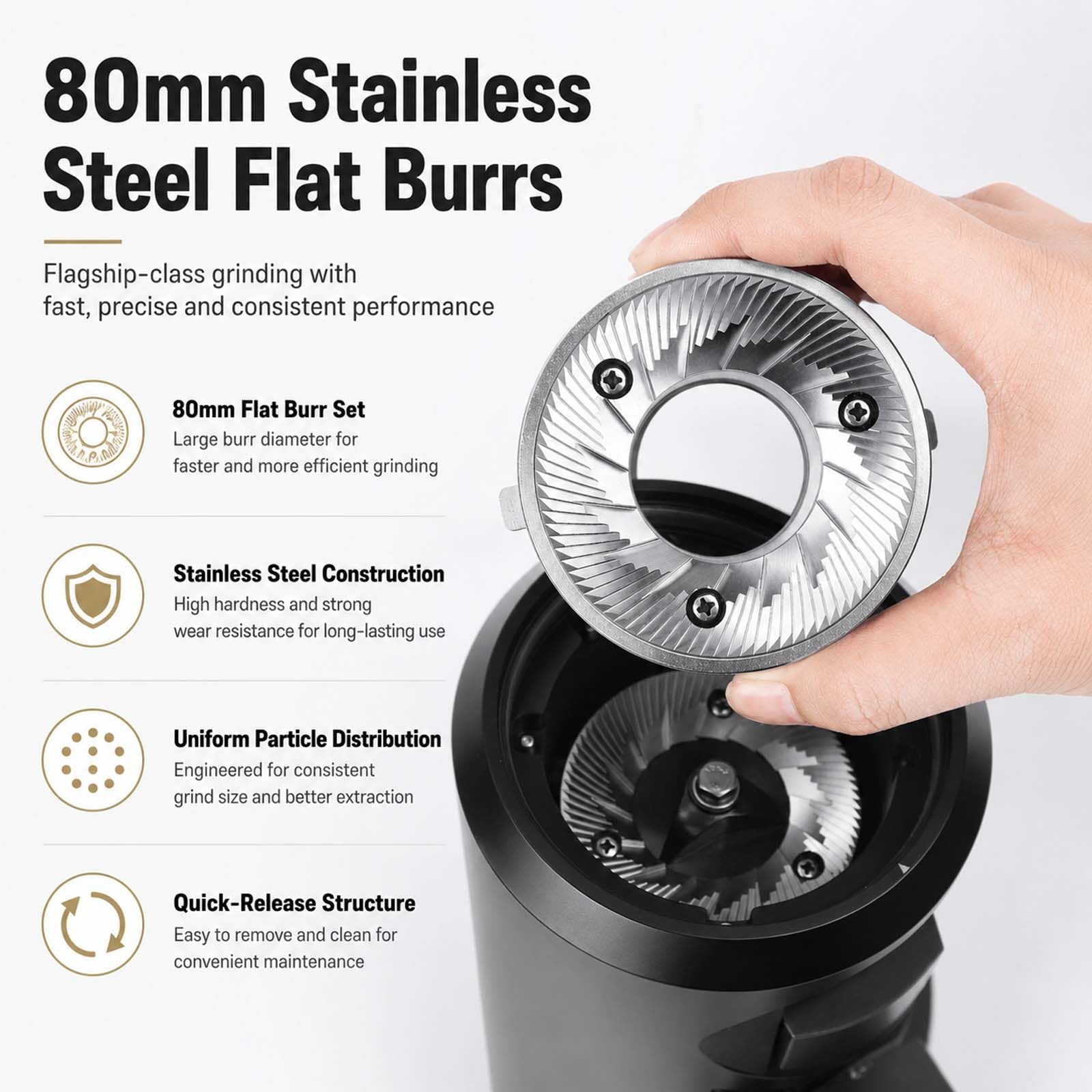 Molinillo Dosificador para CafeteríAs: Muelas De 80 Mm Y Soporte Black | Optimizado para un flujo de trabajo rápido; compatible con cestas de 58 mm y ajuste micrométrico de 100 niveles.