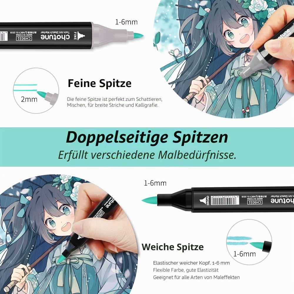 CHOTUNE Alkoholmarker 168 Farben,Markierungsstift mit Pinselspitze & Feiner Spitze,Doppelendige Marker für Zeichnen Skizzieren Manga Anime,mit Aufbewahrungsbasis & Tragetasche,Schnelltrocknend