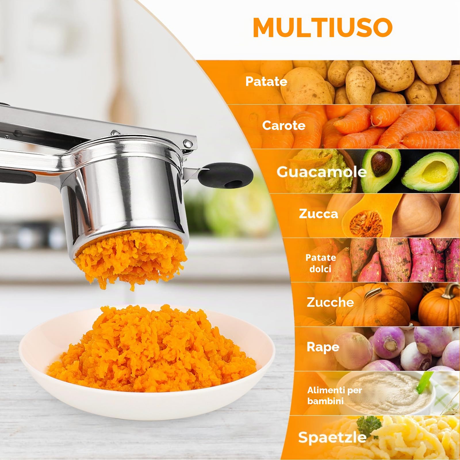 Schiacciapatate in Acciaio Inox, Grande Pressa Patate 450ml, Utensile da Cucina Robusto per Purè Morbido e Omogeneo, Passapatate e Gadget da Cucina, Macchina per Spaetzle e Gnocchi