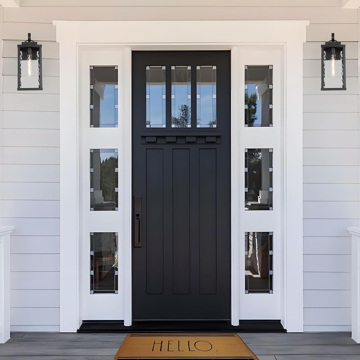 Outdoor Wall Light Fixture, Modern Black Exterior Wall Lantern with Water Ripple Glass, Farmhouse Vintage Waterproof Wall Sconce Porch Light for Patio, Garage, Front Door, Garden, Yard, 2Pack