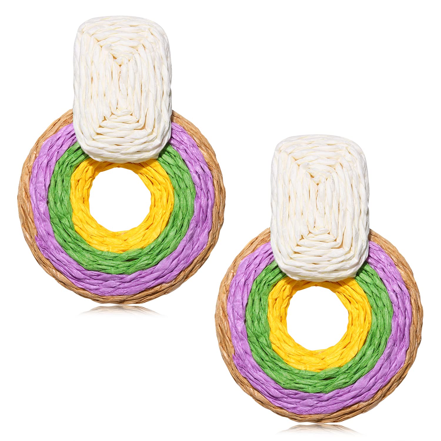 ARATLENCHRattan Woven Dangling Earrings Handmade Straw Dangle Drop Earrings Boho Summer Beach Statement Circle Ball Hoop Earrings for Women